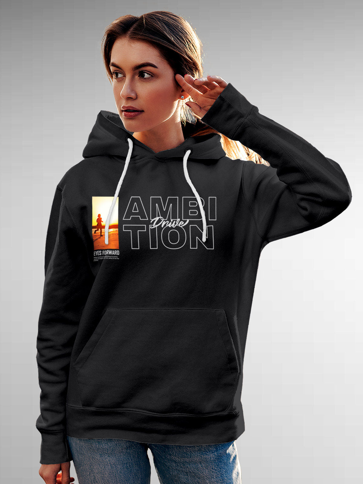Model wearing Women's Dark Grey Hoodie Sweatshirt with 'Ambition & Drive' design, offering effortless style and premium comfort