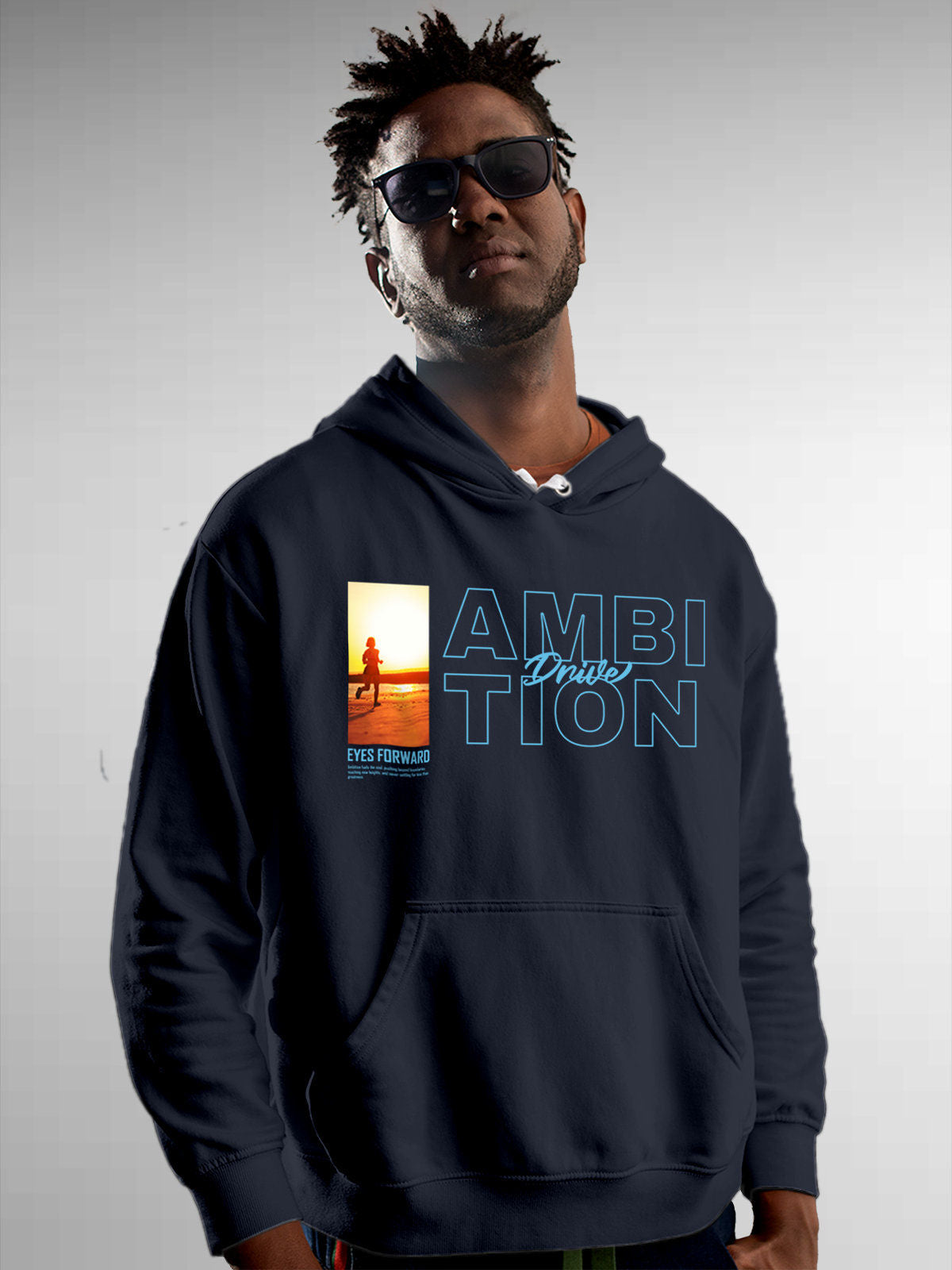Model wearing Men's Navy Blue Hoodie Sweatshirt with 'Ambition & Drive' design, offering effortless style and premium comfort