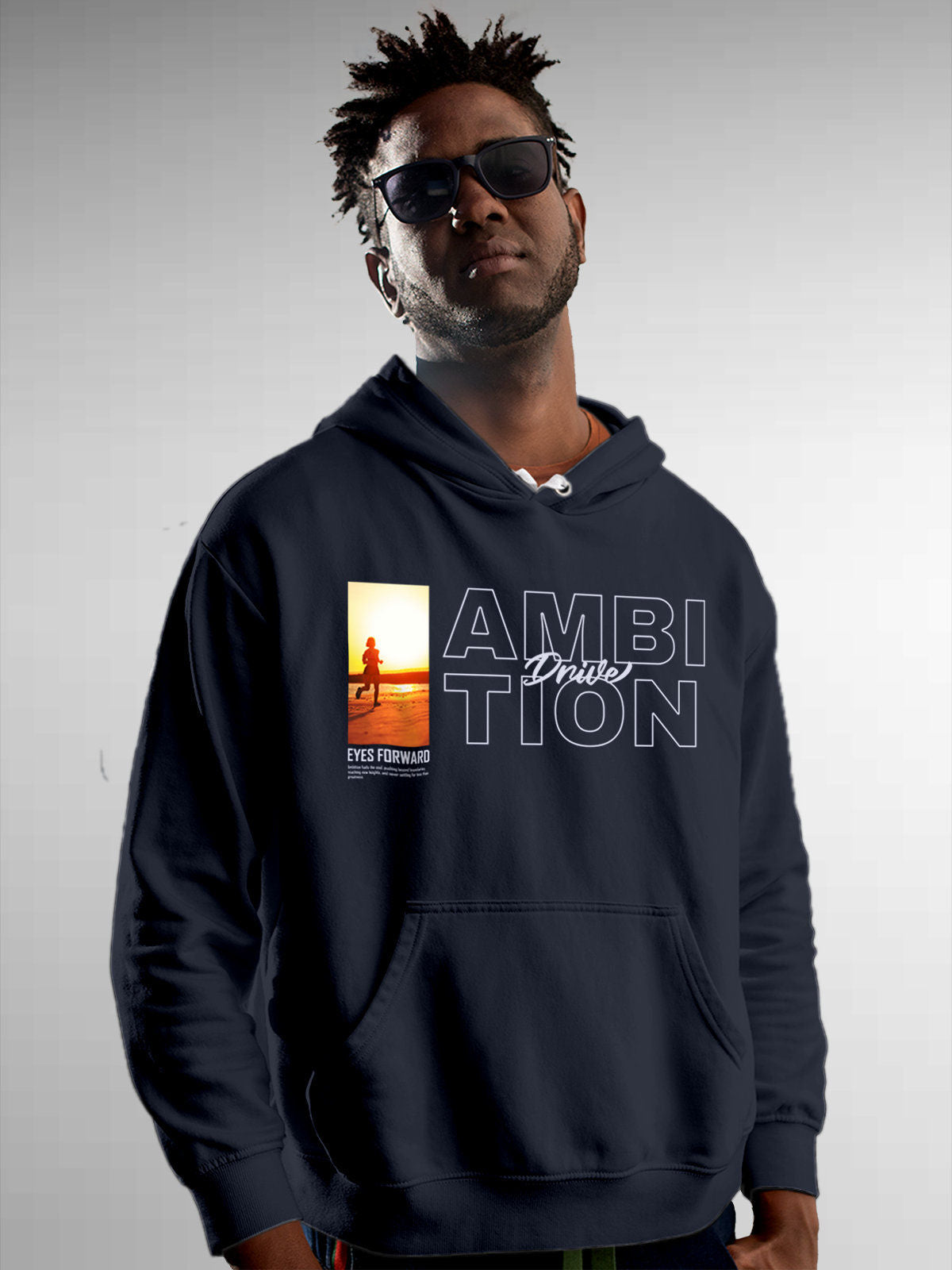 Model wearing Men's Navy Blue Hoodie Sweatshirt with 'Ambition & Drive' design, offering effortless style and premium comfort