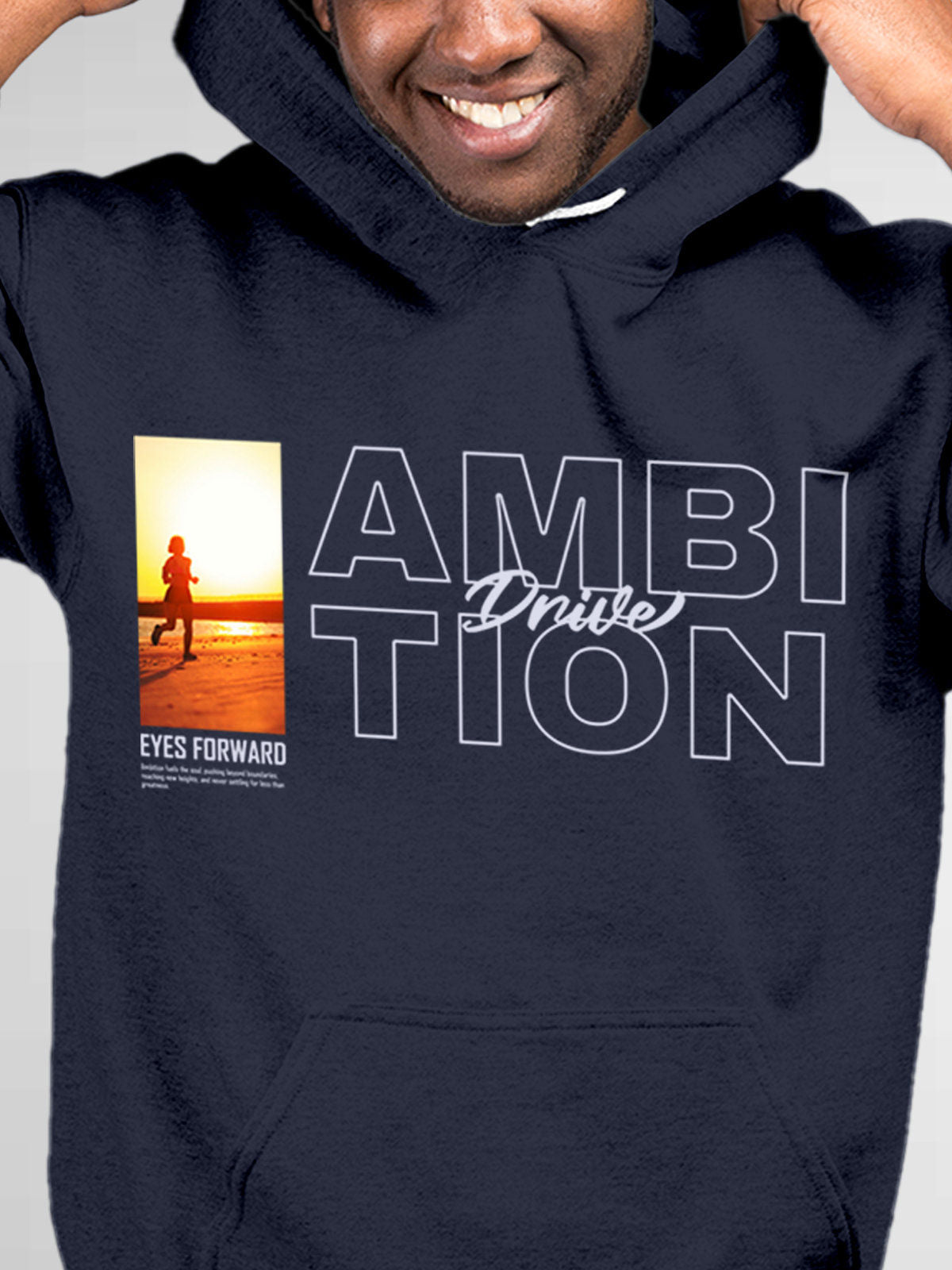 Close up of 'Ambition & Drive' design on Men's Navy Blue Hoodie Sweatshirt, highlighting intricate details and vibrant print.