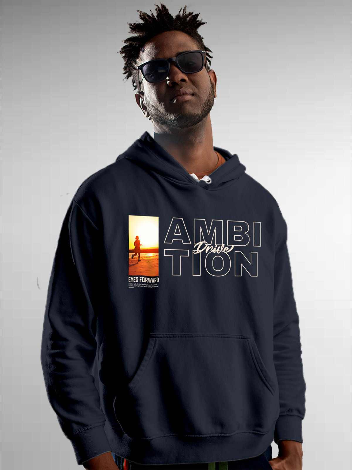 Model wearing Men's Navy Blue Hoodie Sweatshirt with 'Ambition & Drive' design, offering effortless style and premium comfort