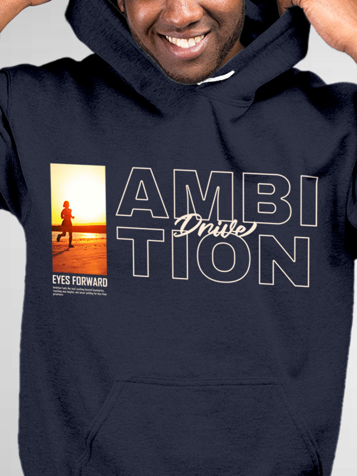 Close up of 'Ambition & Drive' design on Men's Navy Blue Hoodie Sweatshirt, highlighting intricate details and vibrant print.