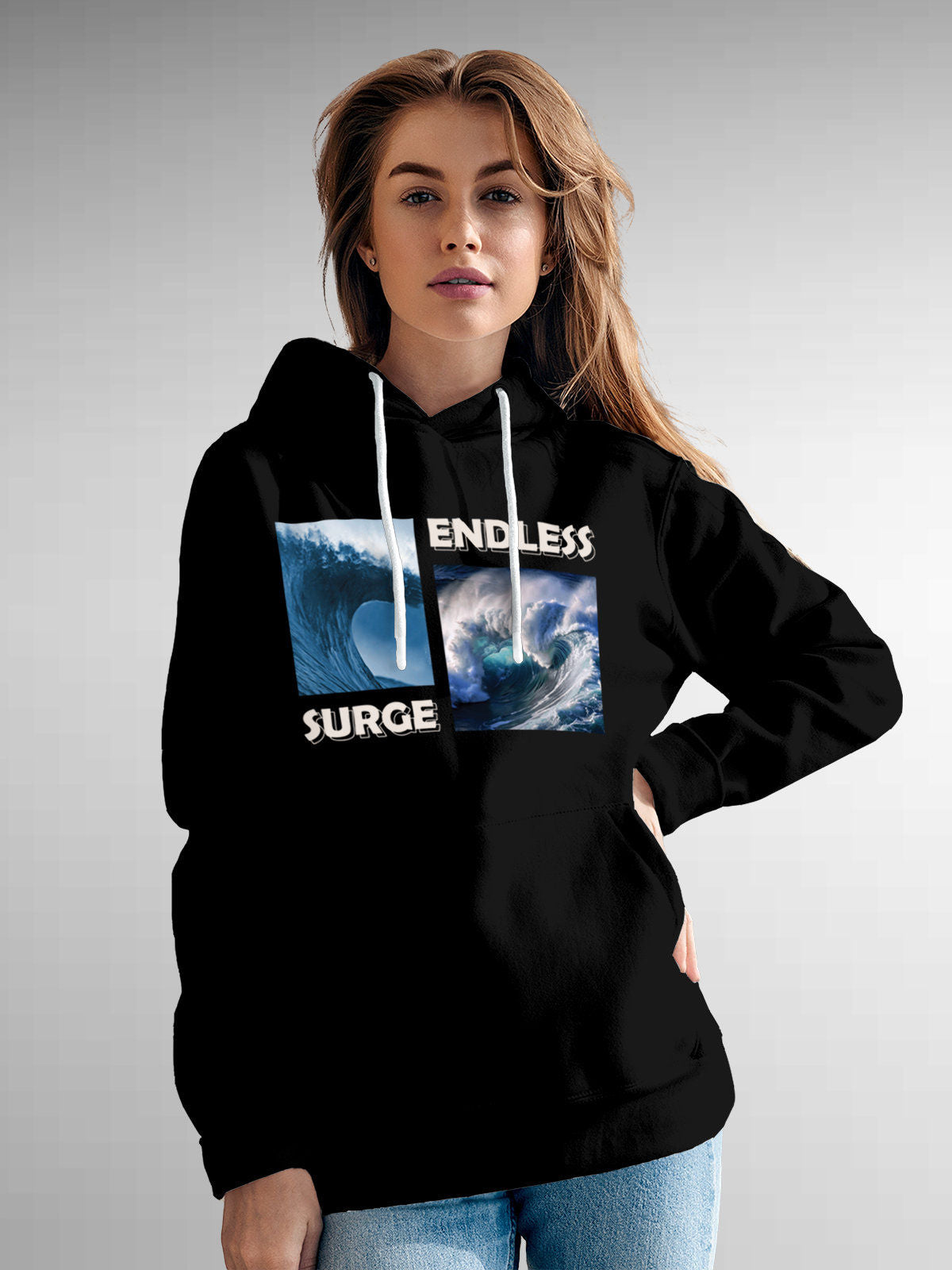 Model wearing Women's Black Hoodie Sweatshirt with 'Endless Surge' design, offering effortless style and premium comfort