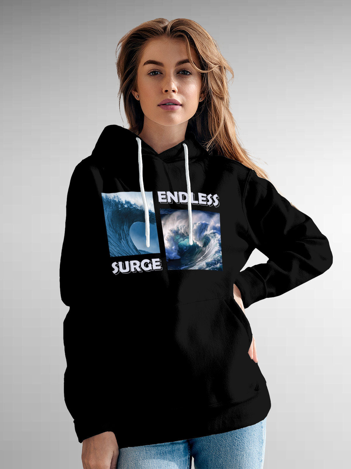 Model wearing Women's Black Hoodie Sweatshirt with 'Endless Surge' design, offering effortless style and premium comfort
