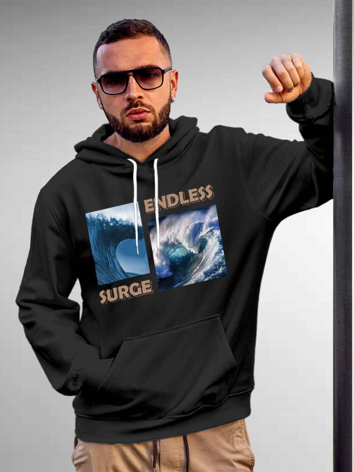 Model wearing Men's Dark Grey Hoodie Sweatshirt with 'Endless Surge' design, offering effortless style and premium comfort