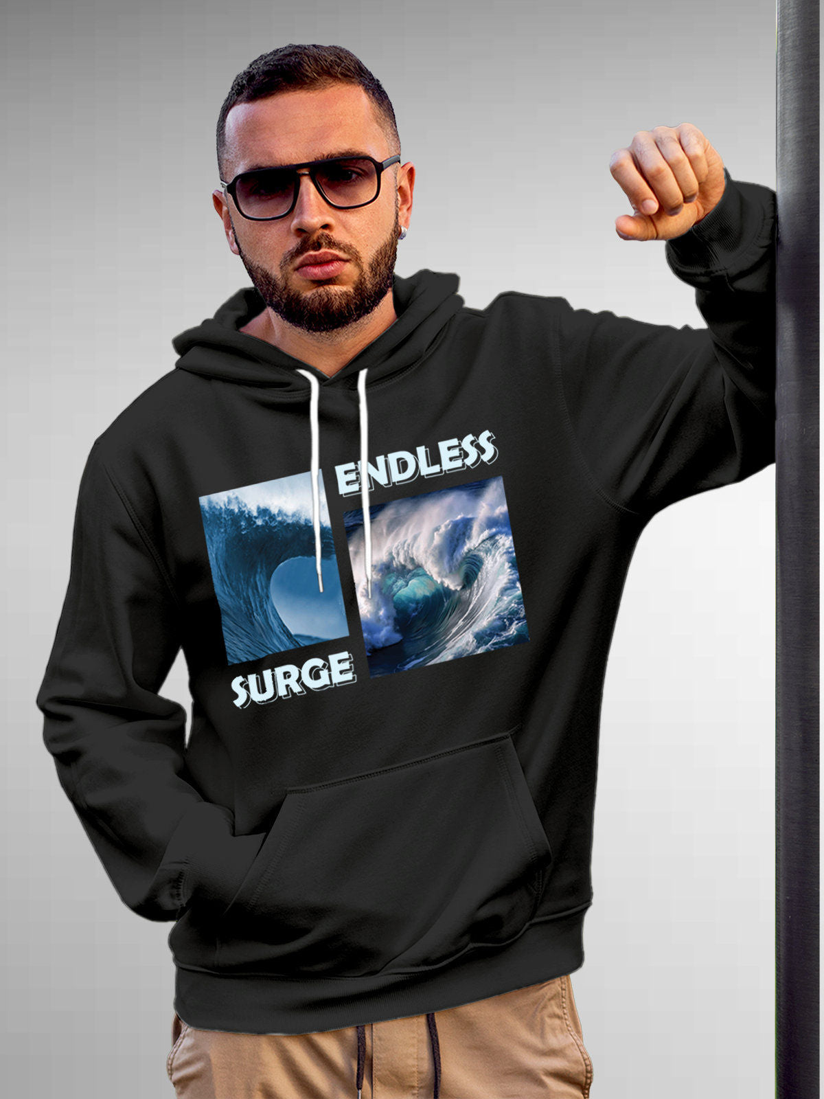 Model wearing Men's Dark Grey Hoodie Sweatshirt with 'Endless Surge' design, offering effortless style and premium comfort