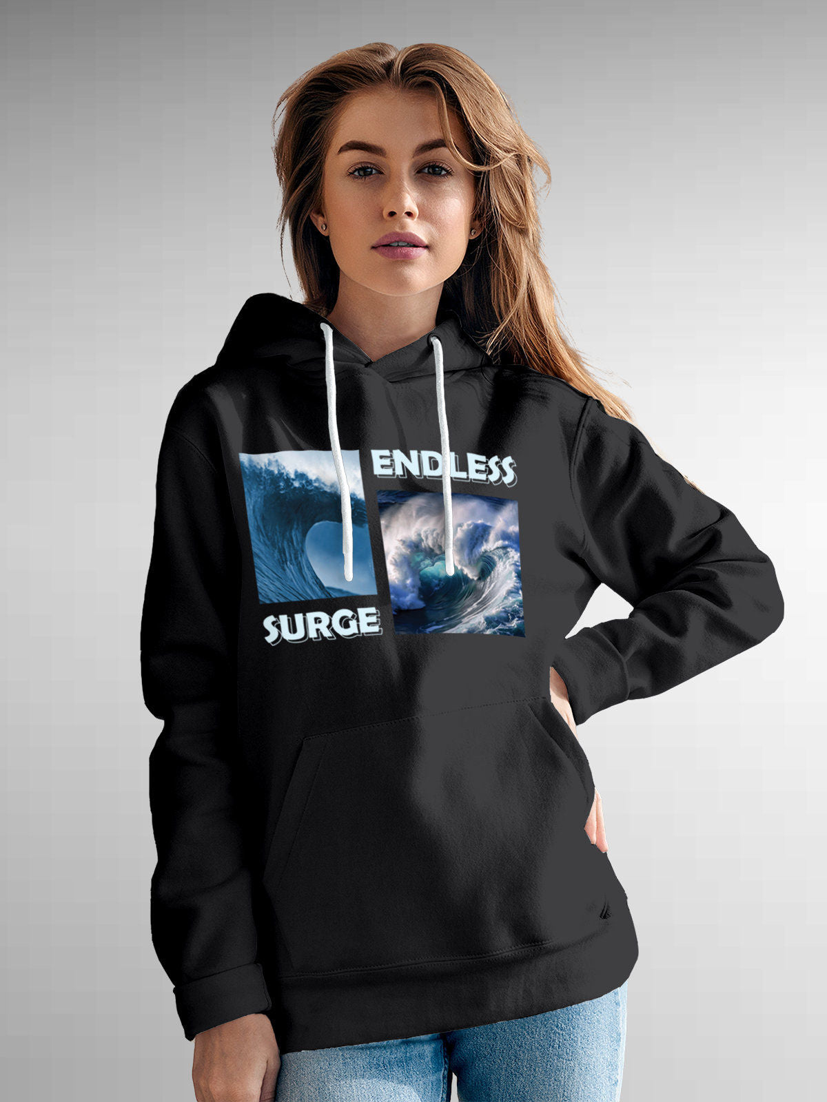 Model wearing Women's Dark Grey Hoodie Sweatshirt with 'Endless Surge' design, offering effortless style and premium comfort