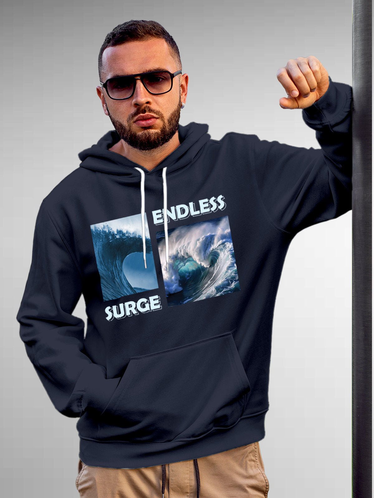 Model wearing Men's Navy Blue Hoodie Sweatshirt with 'Endless Surge' design, offering effortless style and premium comfort