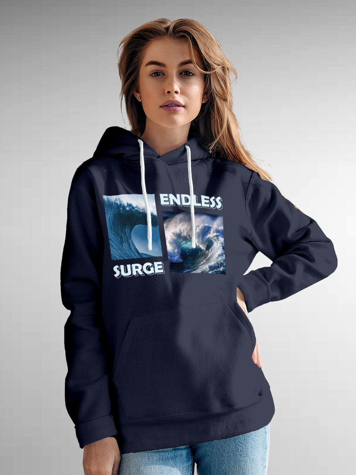Model wearing Women's Navy Blue Hoodie Sweatshirt with 'Endless Surge' design, offering effortless style and premium comfort