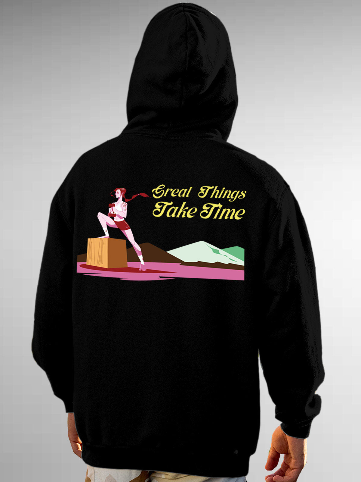 Model wearing Men's Black Hoodie Sweatshirt with 'Never Give Up' design, offering effortless style and premium comfort