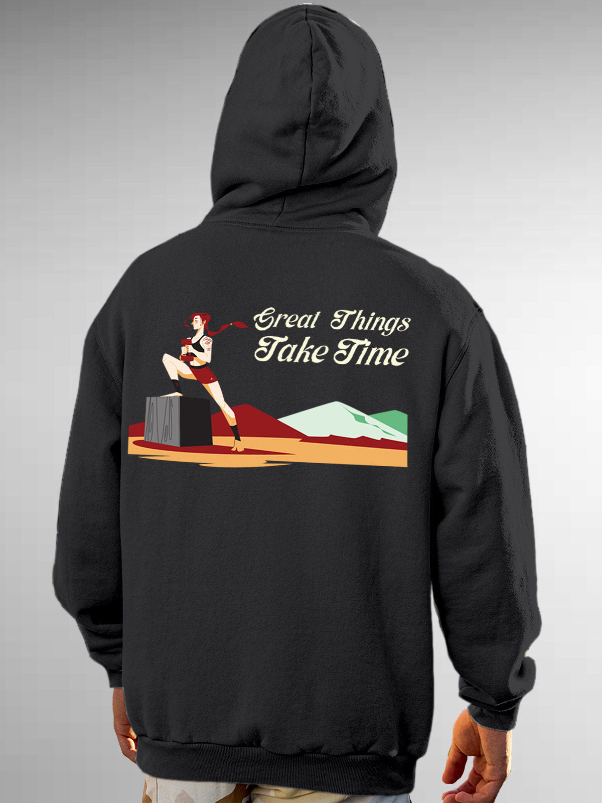 Model wearing Men's Dark Grey Hoodie Sweatshirt with 'Never Give Up' design, offering effortless style and premium comfort