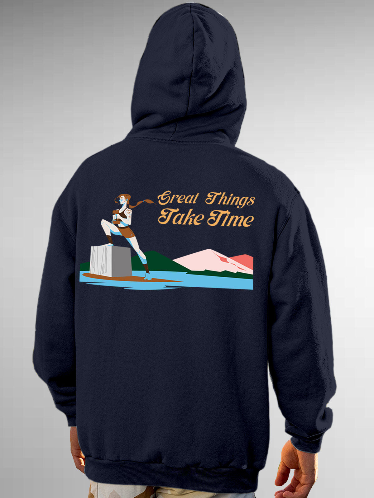 Model wearing Men's Navy Blue Hoodie Sweatshirt with 'Never Give Up' design, offering effortless style and premium comfort