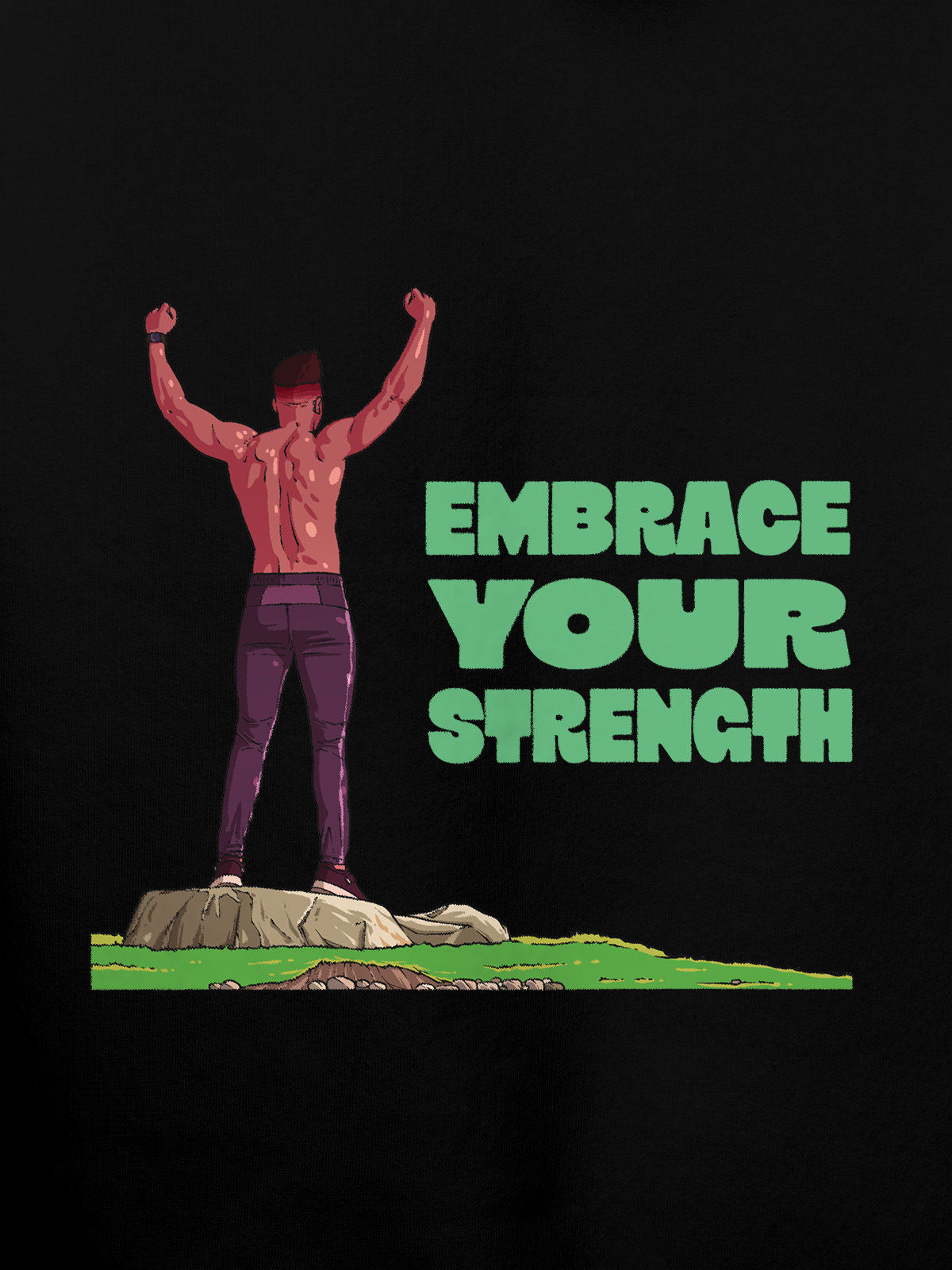 Close up of 'Embrace Your Strength' design on Women's Black Hoodie Sweatshirt, highlighting intricate details and vibrant print.