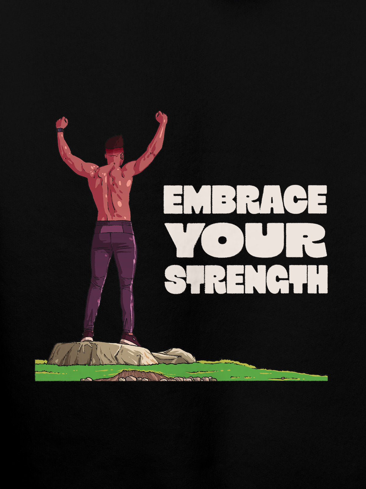Close up of 'Embrace Your Strength' design on Women's Black Hoodie Sweatshirt, highlighting intricate details and vibrant print.