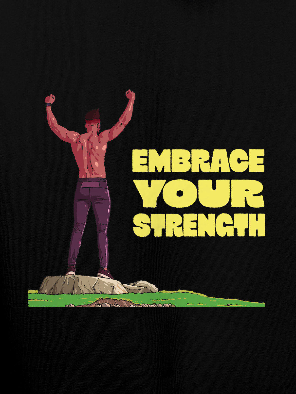 Close up of 'Embrace Your Strength' design on Women's Black Hoodie Sweatshirt, highlighting intricate details and vibrant print.