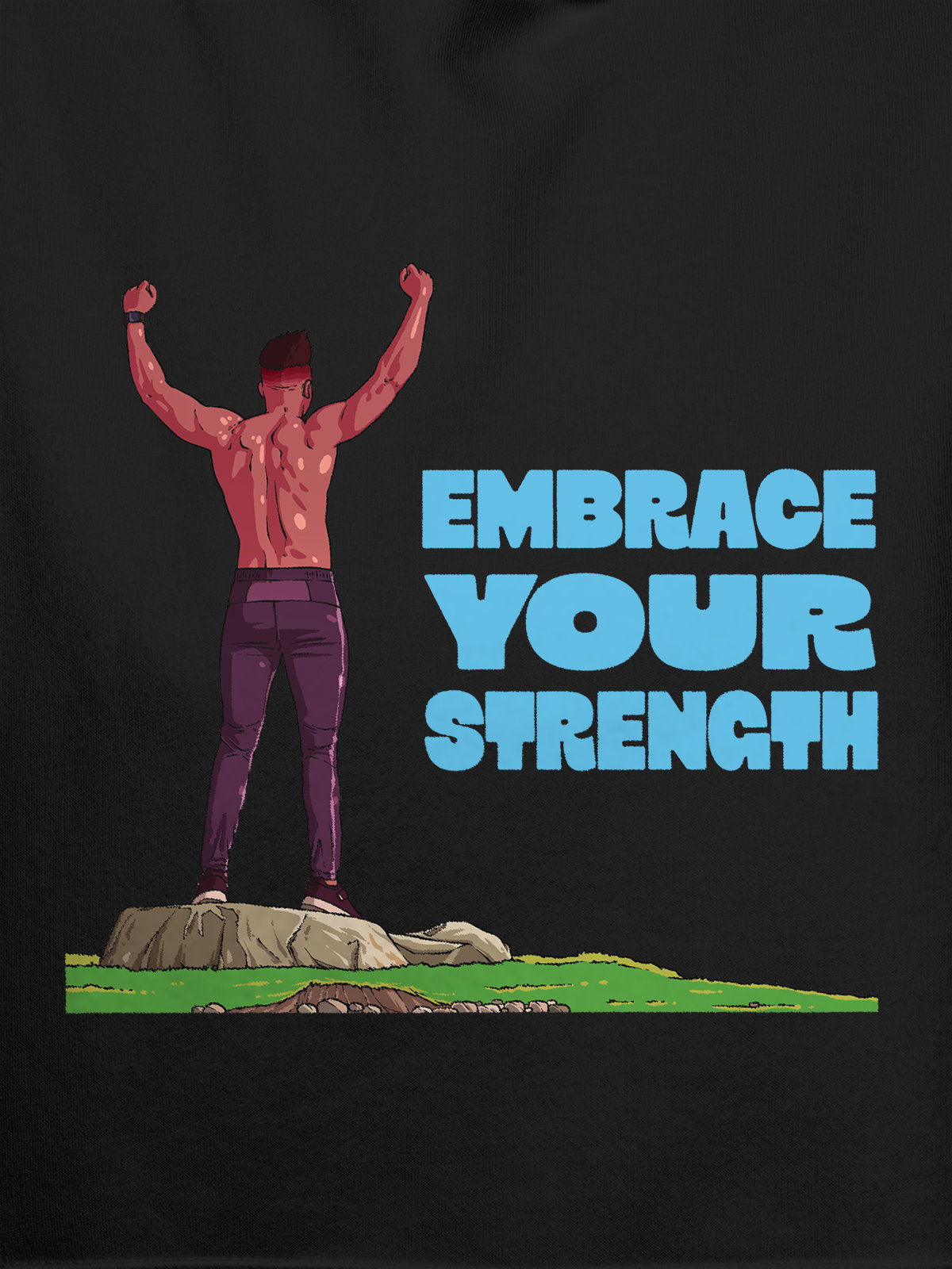Close up of 'Embrace Your Strength' design on Men's Dark Grey Hoodie Sweatshirt, highlighting intricate details and vibrant print.