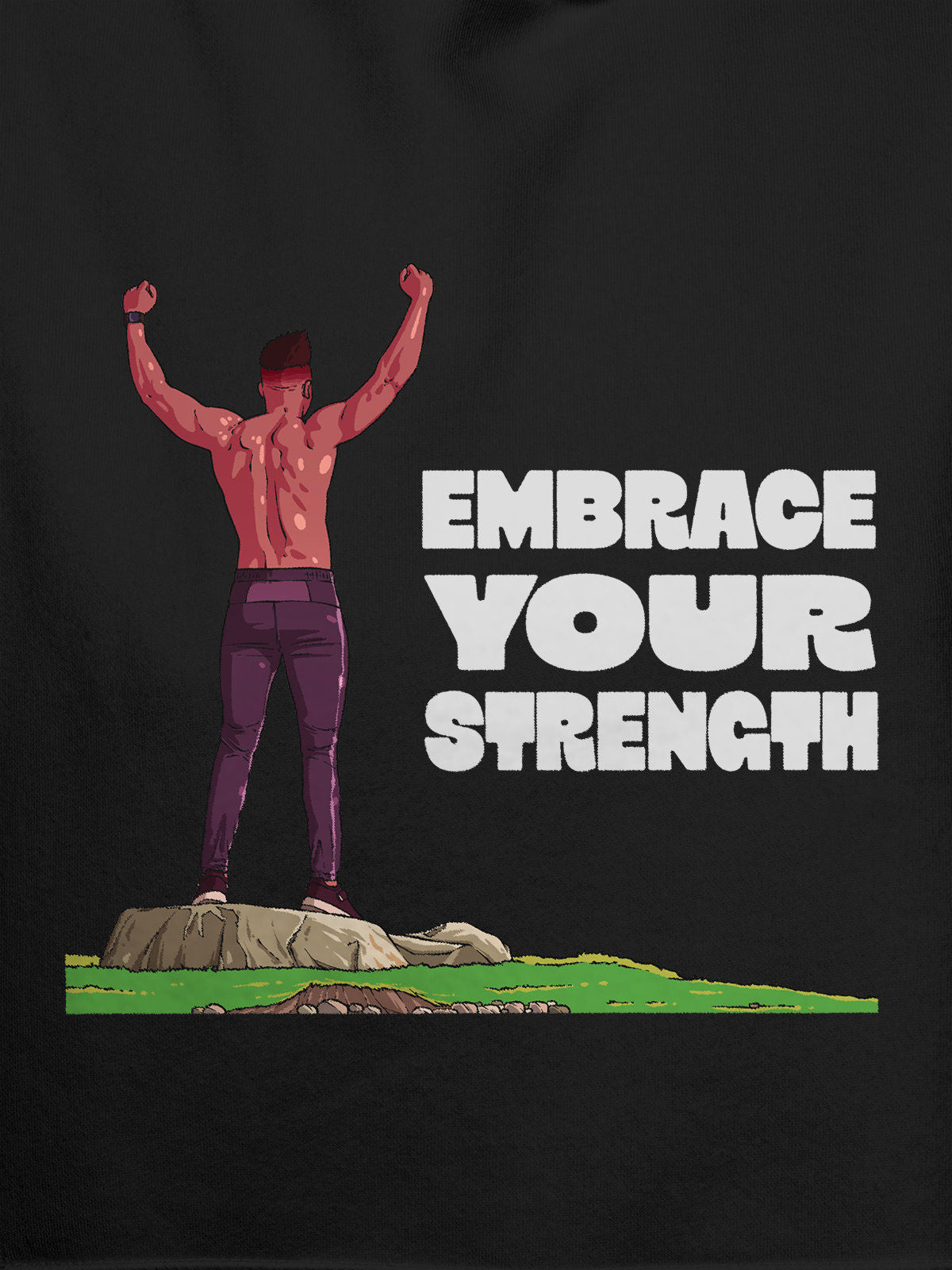 Close up of 'Embrace Your Strength' design on Men's Dark Grey Hoodie Sweatshirt, highlighting intricate details and vibrant print.