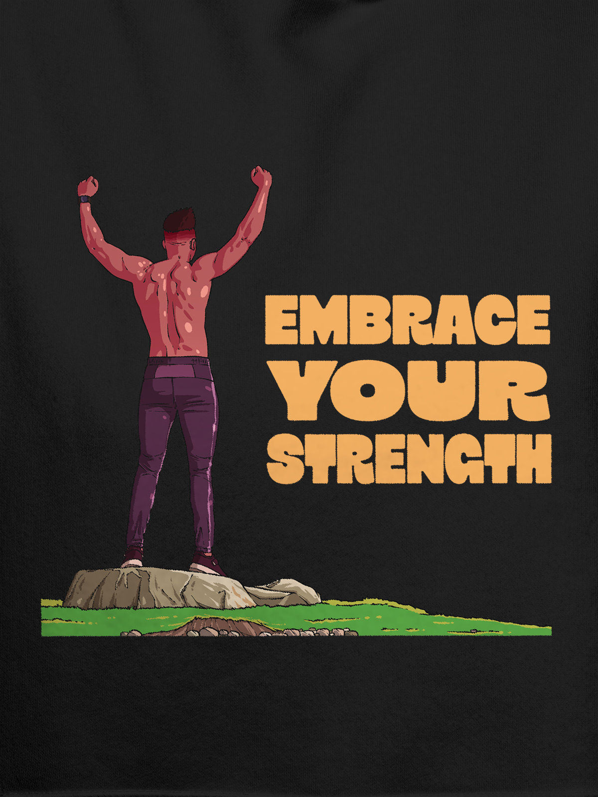 Close up of 'Embrace Your Strength' design on Men's Dark Grey Hoodie Sweatshirt, highlighting intricate details and vibrant print.