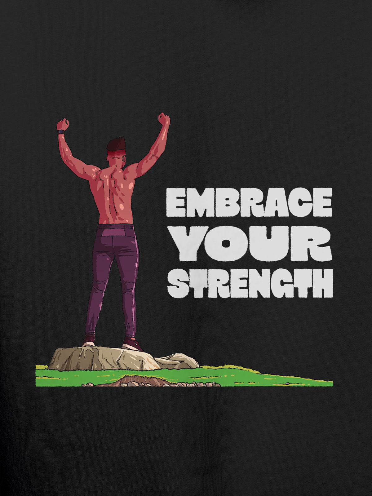 Close up of 'Embrace Your Strength' design on Women's Dark Grey Hoodie Sweatshirt, highlighting intricate details and vibrant print.