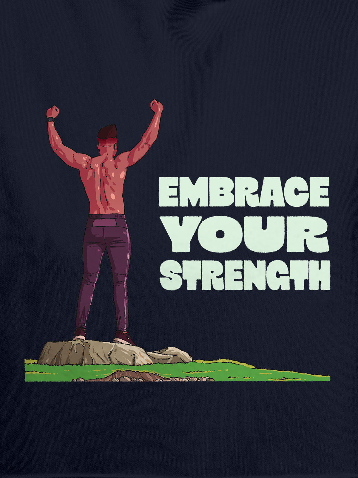 Close up of 'Embrace Your Strength' design on Men's Navy Blue Hoodie Sweatshirt, highlighting intricate details and vibrant print.