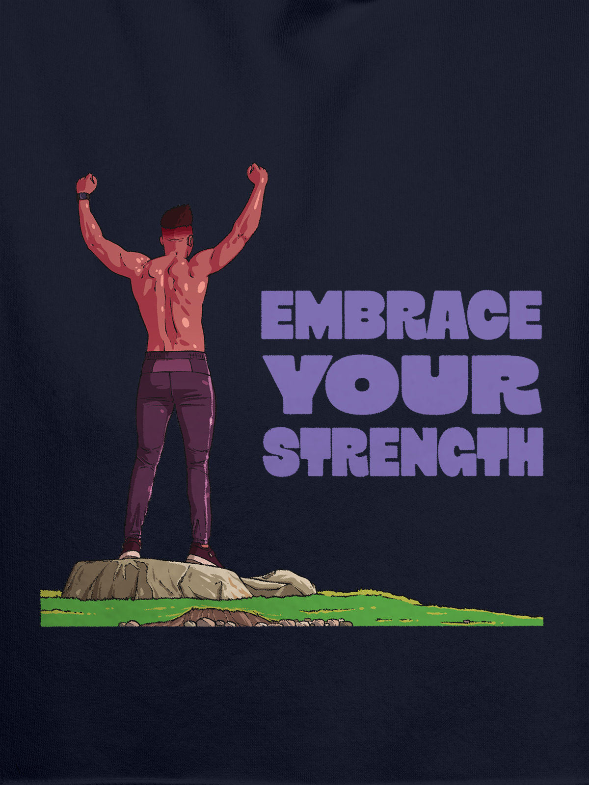 Close up of 'Embrace Your Strength' design on Men's Navy Blue Hoodie Sweatshirt, highlighting intricate details and vibrant print.