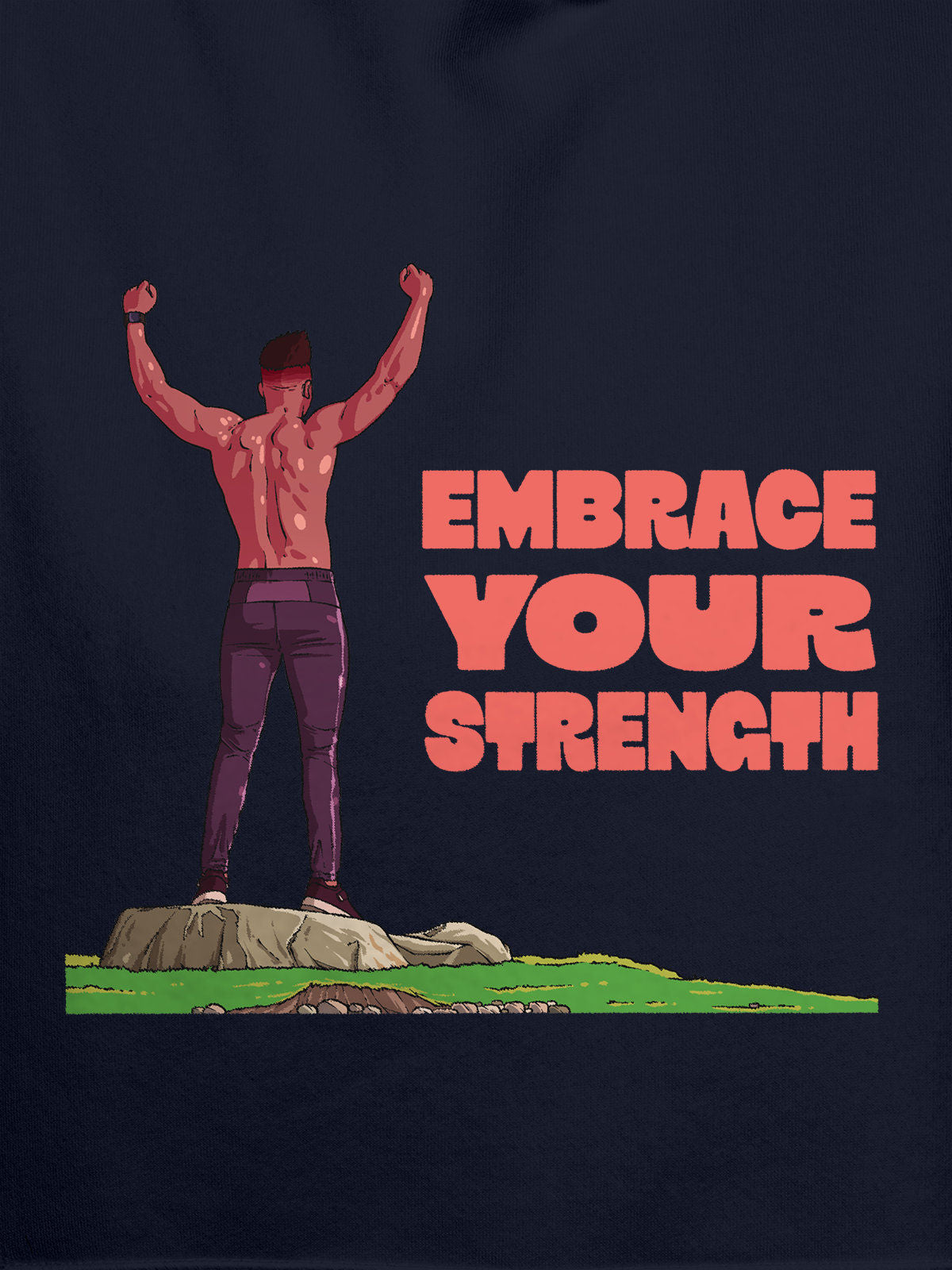 Close up of 'Embrace Your Strength' design on Men's Navy Blue Hoodie Sweatshirt, highlighting intricate details and vibrant print.