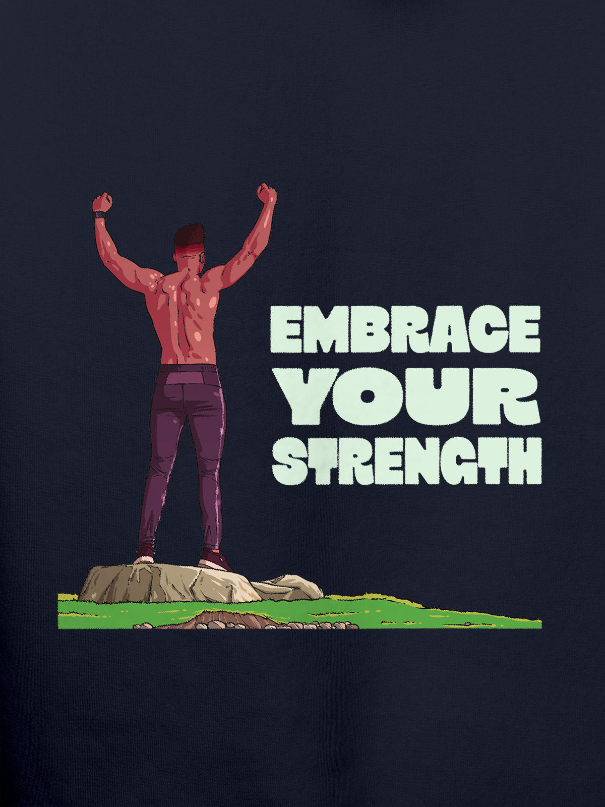 Close up of 'Embrace Your Strength' design on Women's Navy Blue Hoodie Sweatshirt, highlighting intricate details and vibrant print.