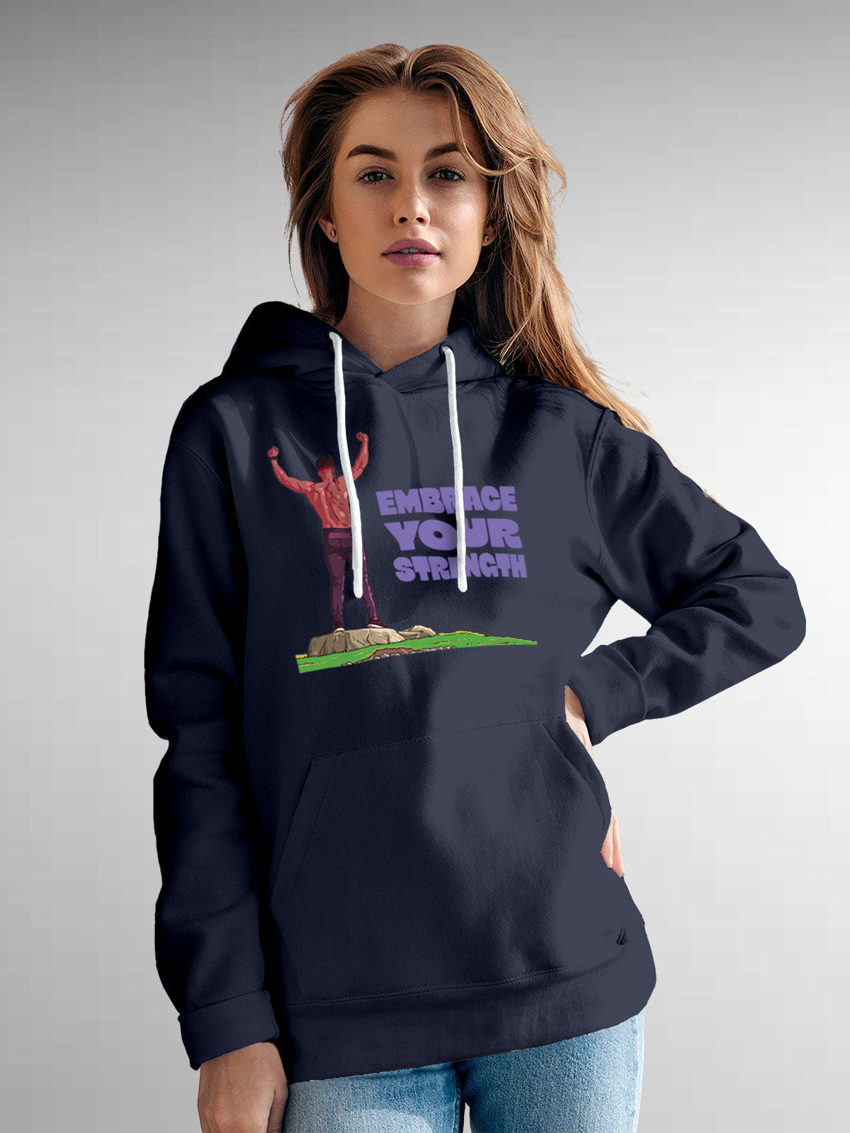 Model wearing Women's Navy Blue Hoodie Sweatshirt with 'Embrace Your Strength' design, offering effortless style and premium comfort