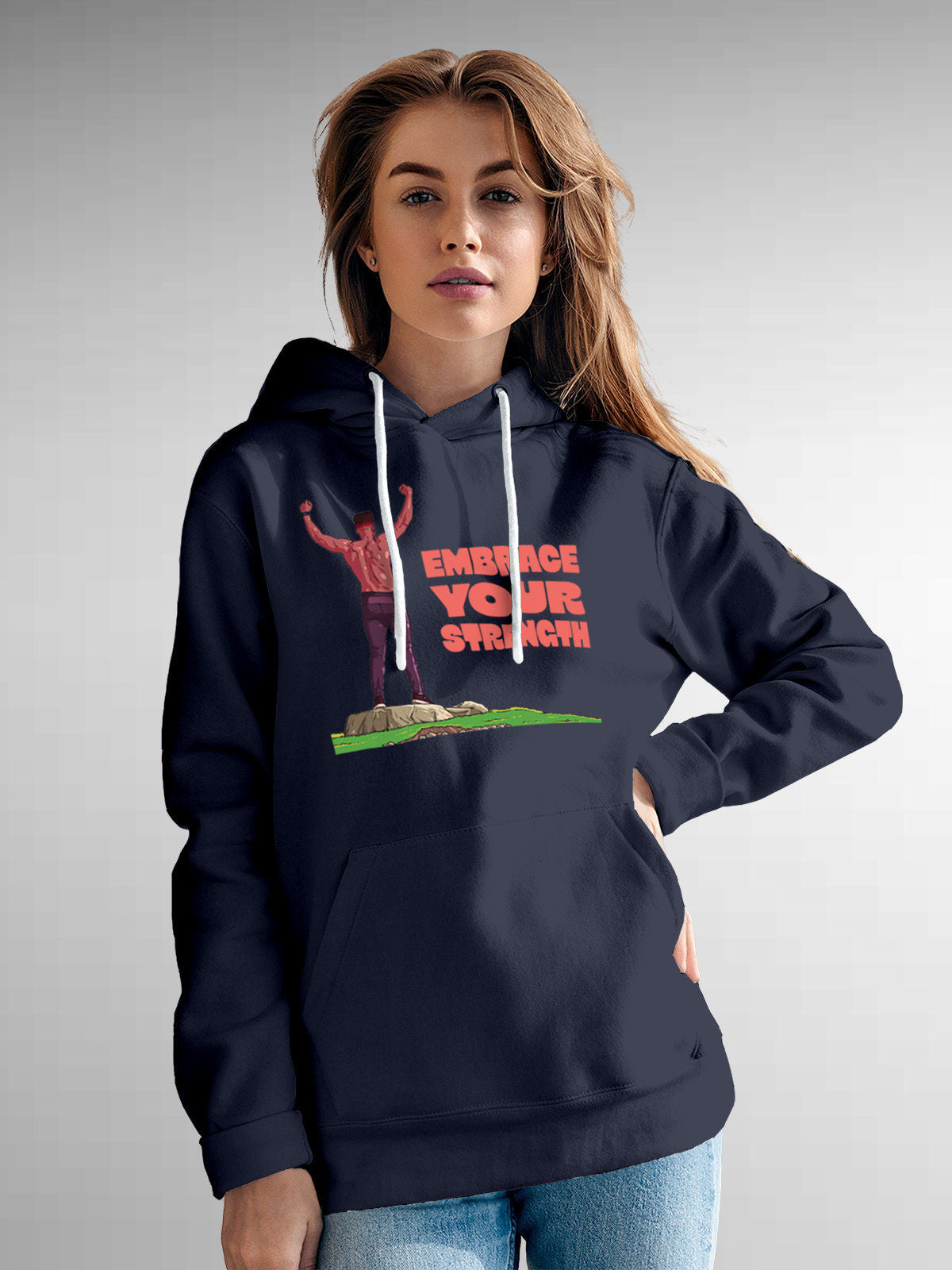 Model wearing Women's Navy Blue Hoodie Sweatshirt with 'Embrace Your Strength' design, offering effortless style and premium comfort