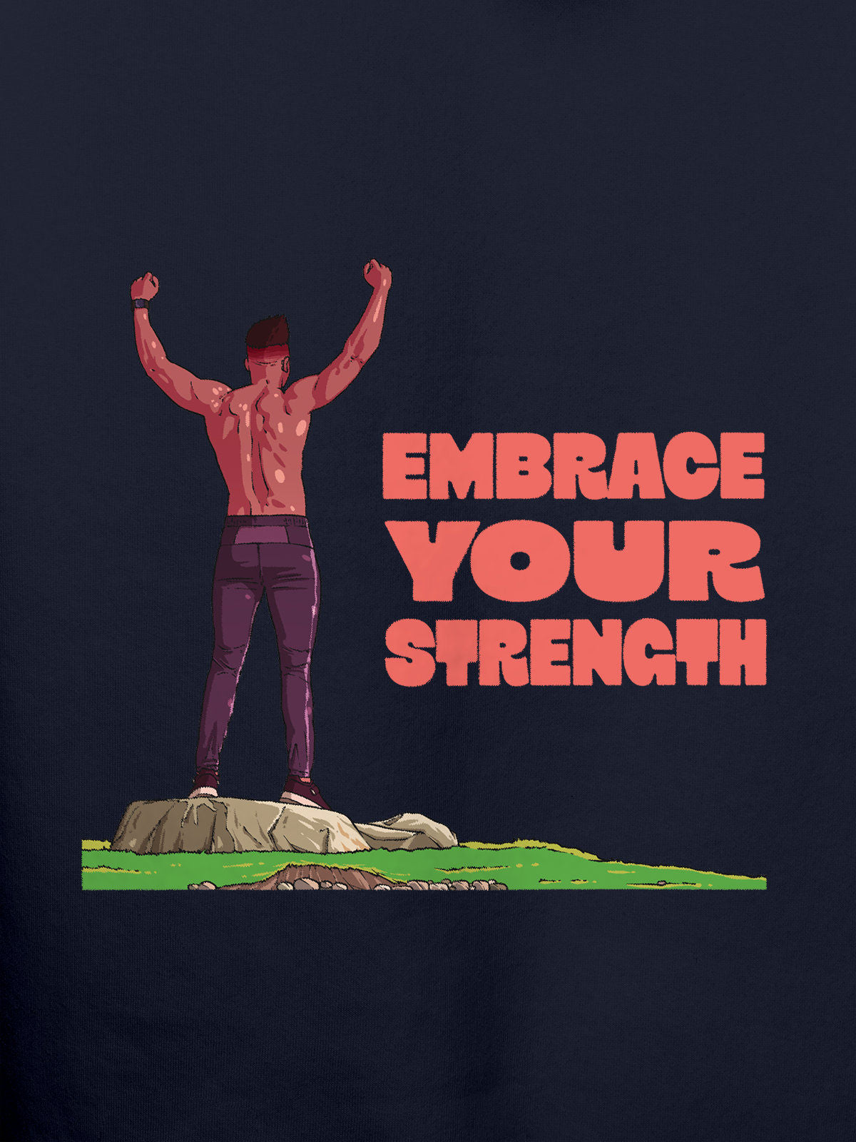 Close up of 'Embrace Your Strength' design on Women's Navy Blue Hoodie Sweatshirt, highlighting intricate details and vibrant print.