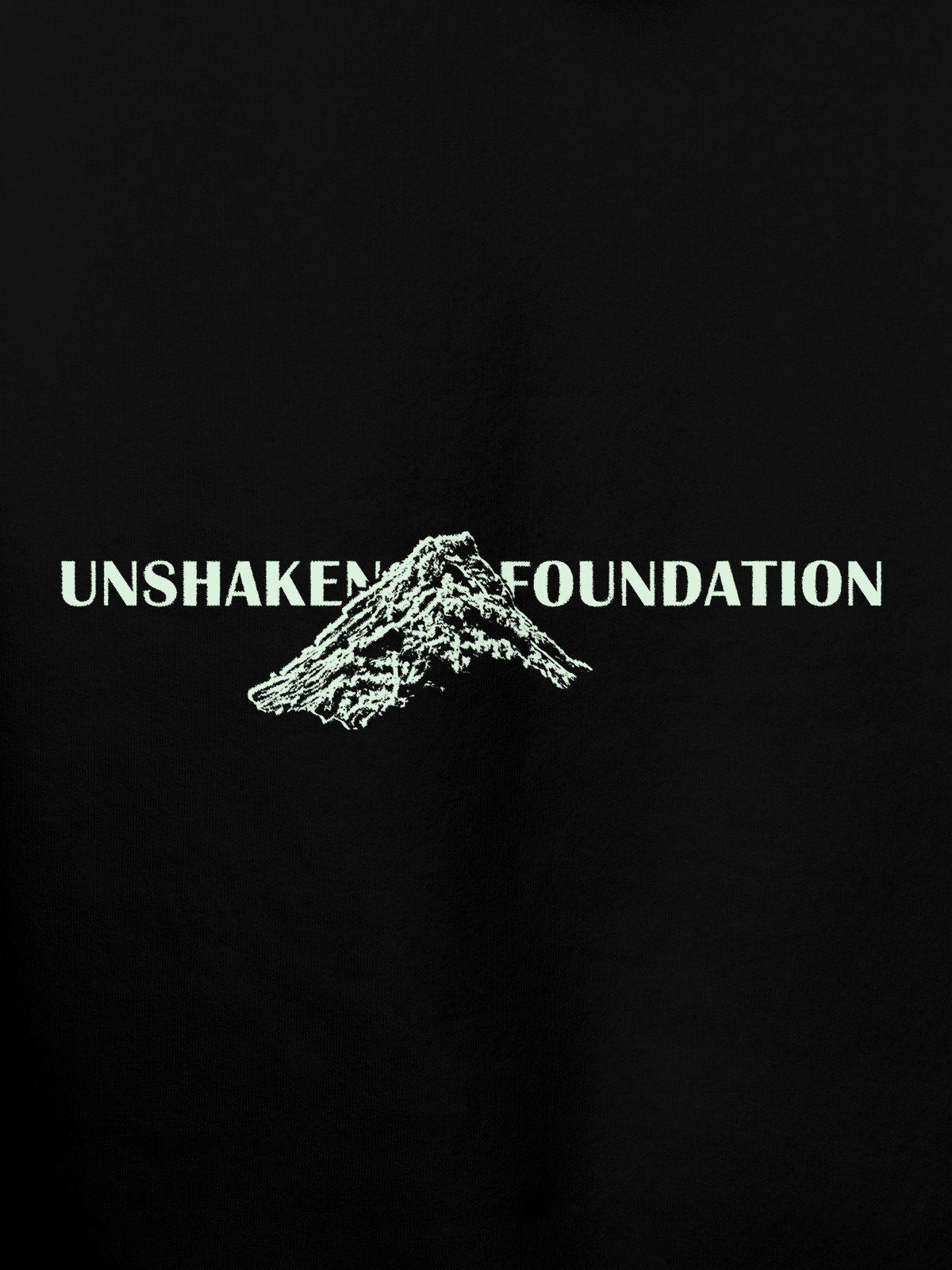Close up of 'Unshaken Foundation' design on Men's Black Hoodie Sweatshirt, highlighting intricate details and vibrant print.