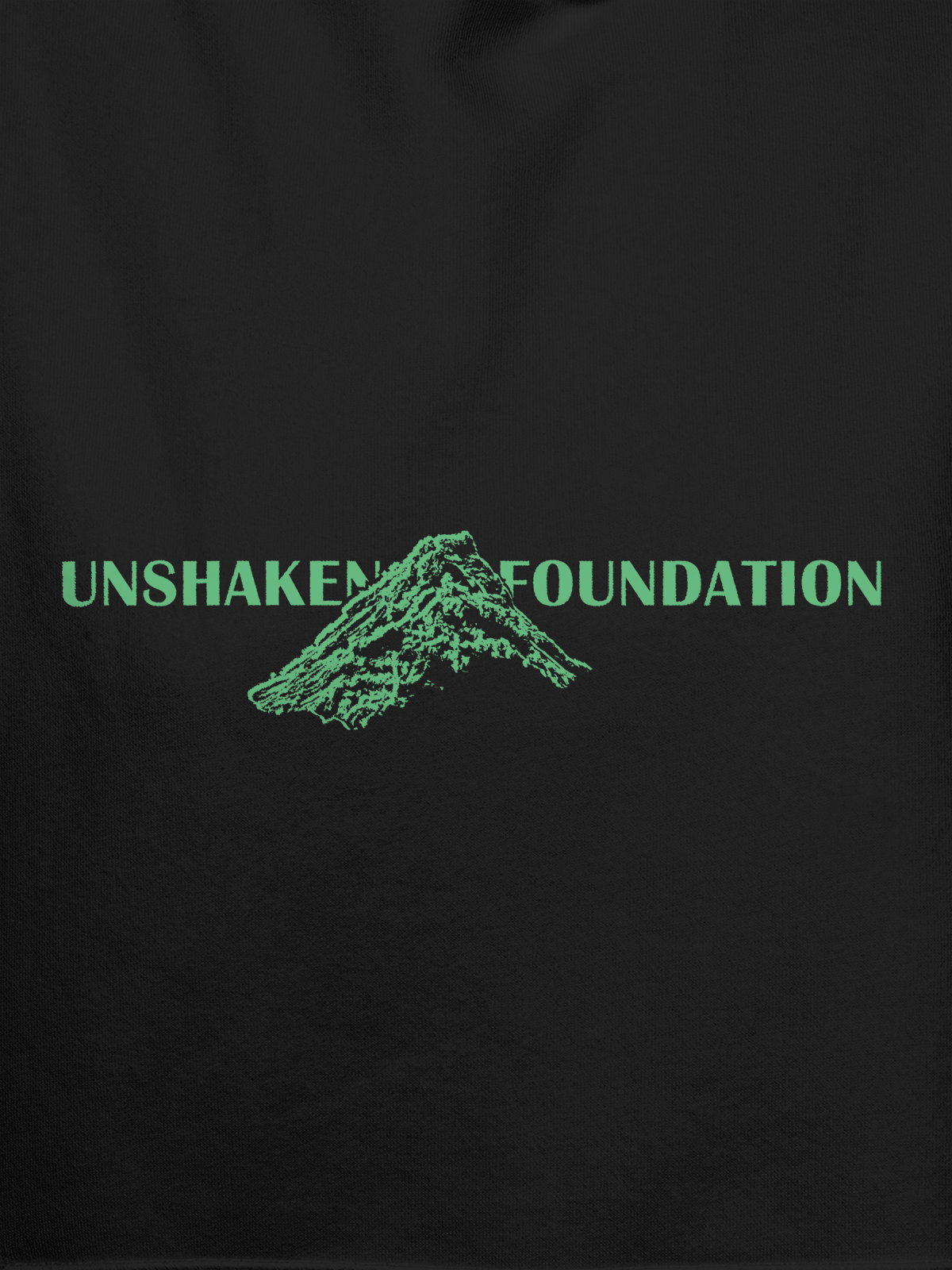 Close up of 'Unshaken Foundation' design on Women's Dark Grey Hoodie Sweatshirt, highlighting intricate details and vibrant print.