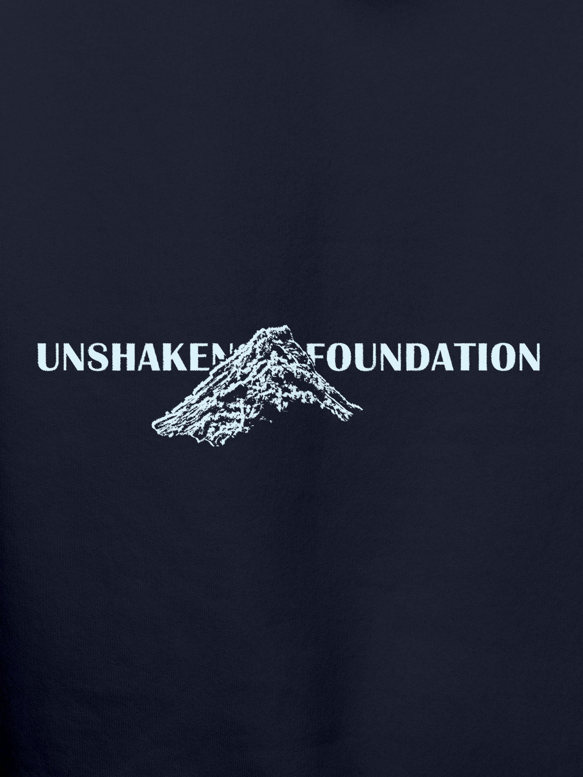 Close up of 'Unshaken Foundation' design on Men's Navy Blue Hoodie Sweatshirt, highlighting intricate details and vibrant print.