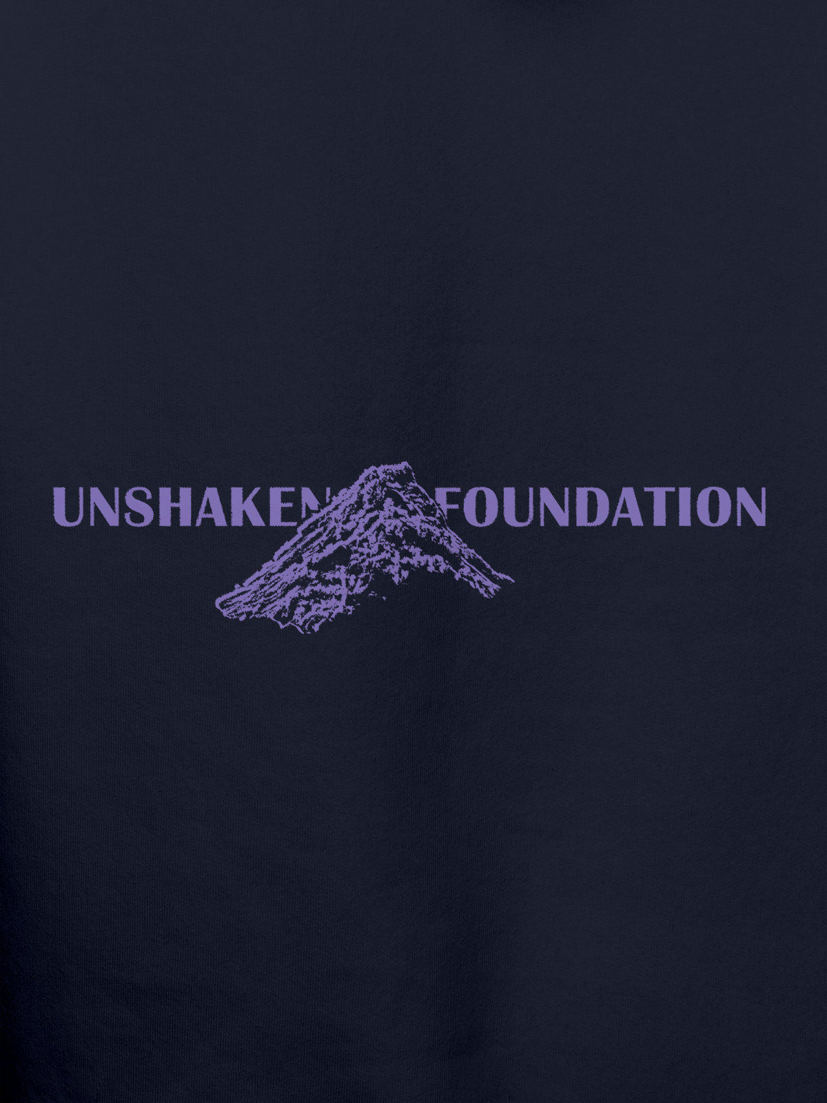 Close up of 'Unshaken Foundation' design on Men's Navy Blue Hoodie Sweatshirt, highlighting intricate details and vibrant print.