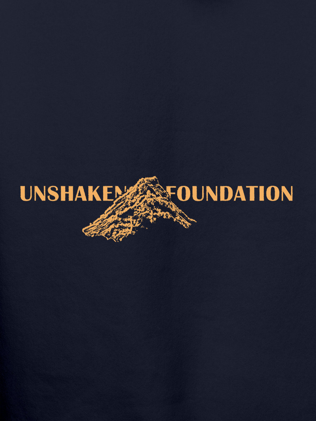 Close up of 'Unshaken Foundation' design on Men's Navy Blue Hoodie Sweatshirt, highlighting intricate details and vibrant print.