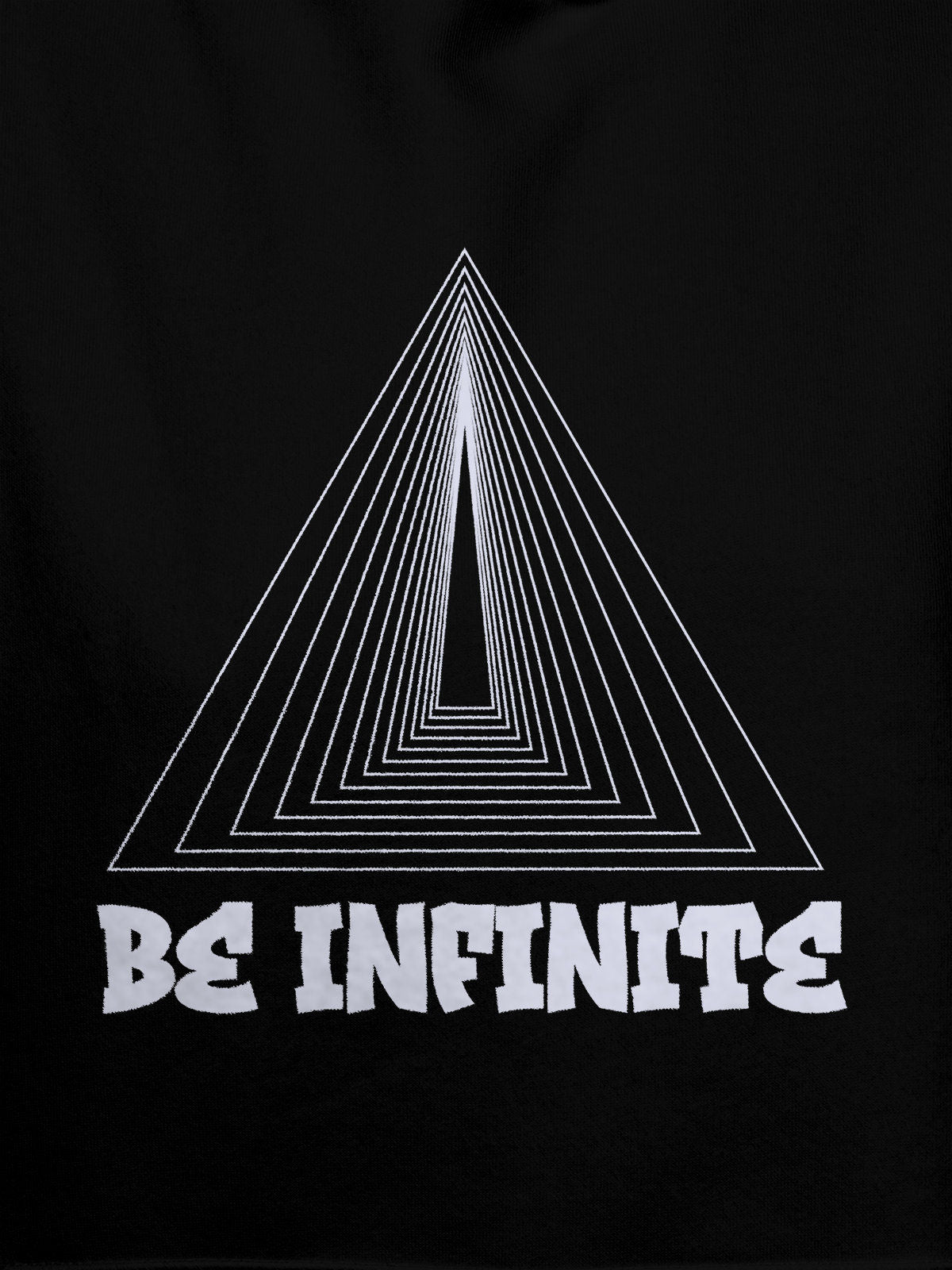 Close up of 'Be Infinite' design on Men's Black Hoodie Sweatshirt, highlighting intricate details and vibrant print.