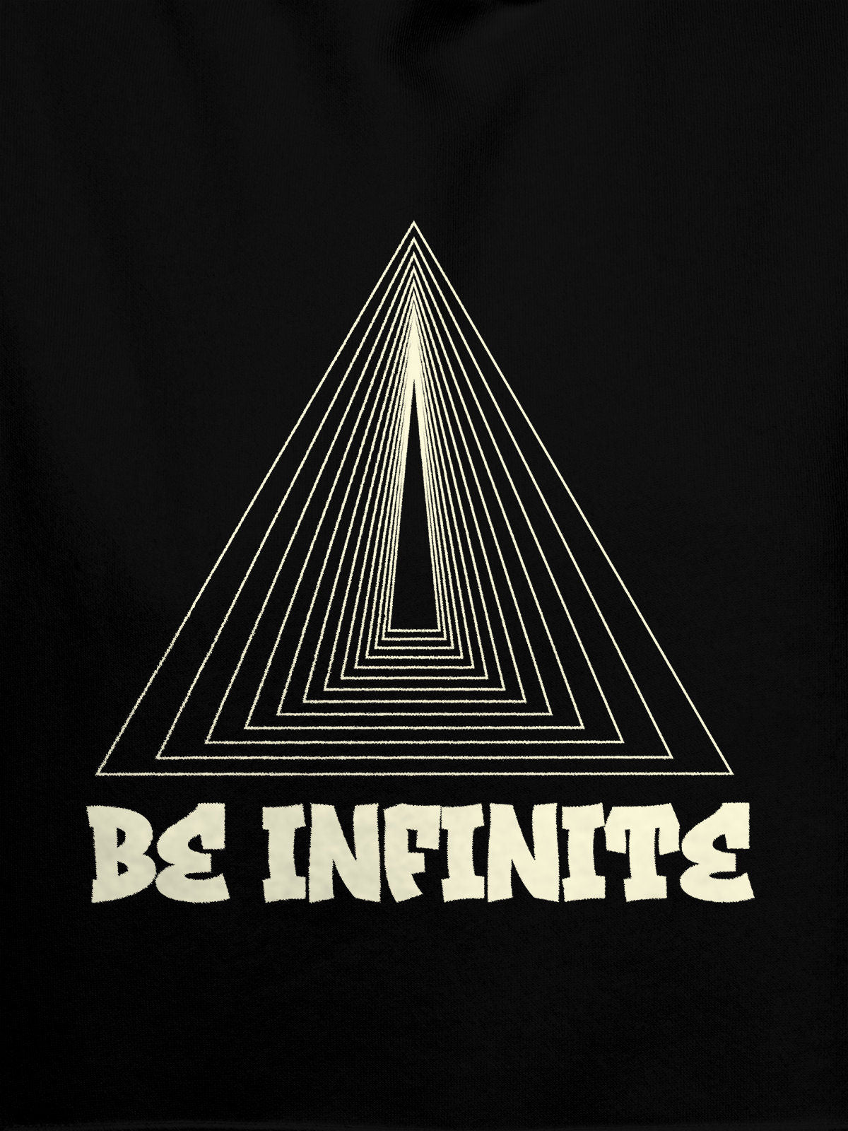 Close up of 'Be Infinite' design on Men's Black Hoodie Sweatshirt, highlighting intricate details and vibrant print.