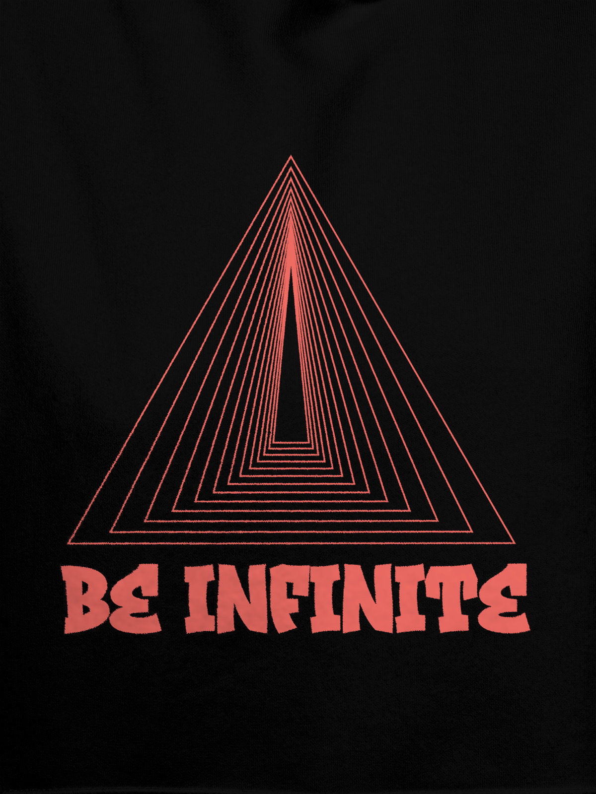 Close up of 'Be Infinite' design on Men's Black Hoodie Sweatshirt, highlighting intricate details and vibrant print.