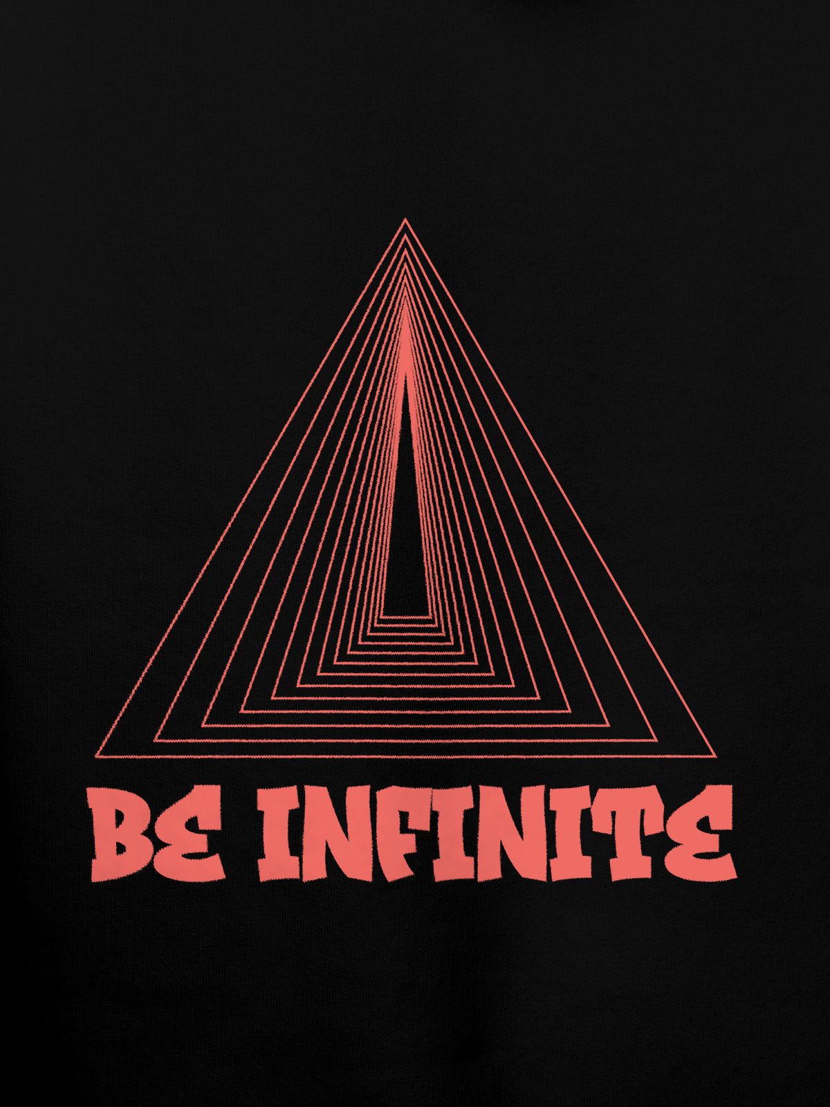 Close up of 'Be Infinite' design on Women's Black Hoodie Sweatshirt, highlighting intricate details and vibrant print.