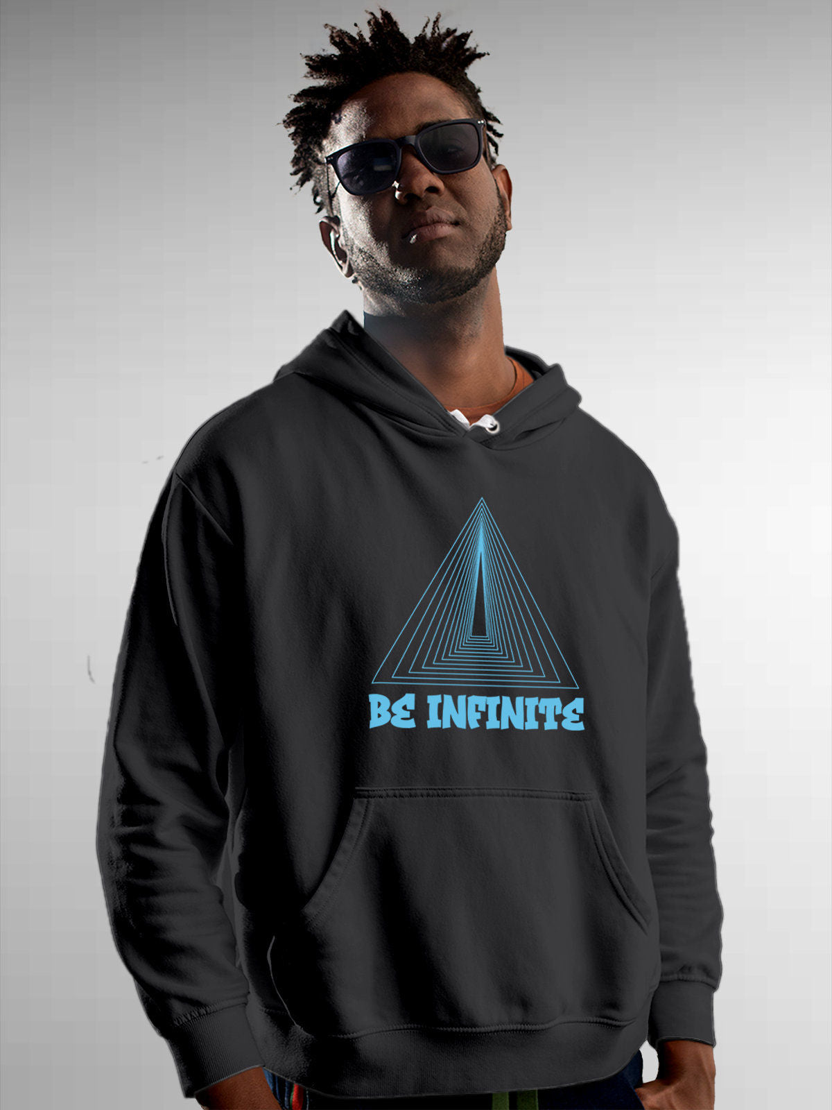 Model wearing Men's Dark Grey Hoodie Sweatshirt with 'Be Infinite' design, offering effortless style and premium comfort