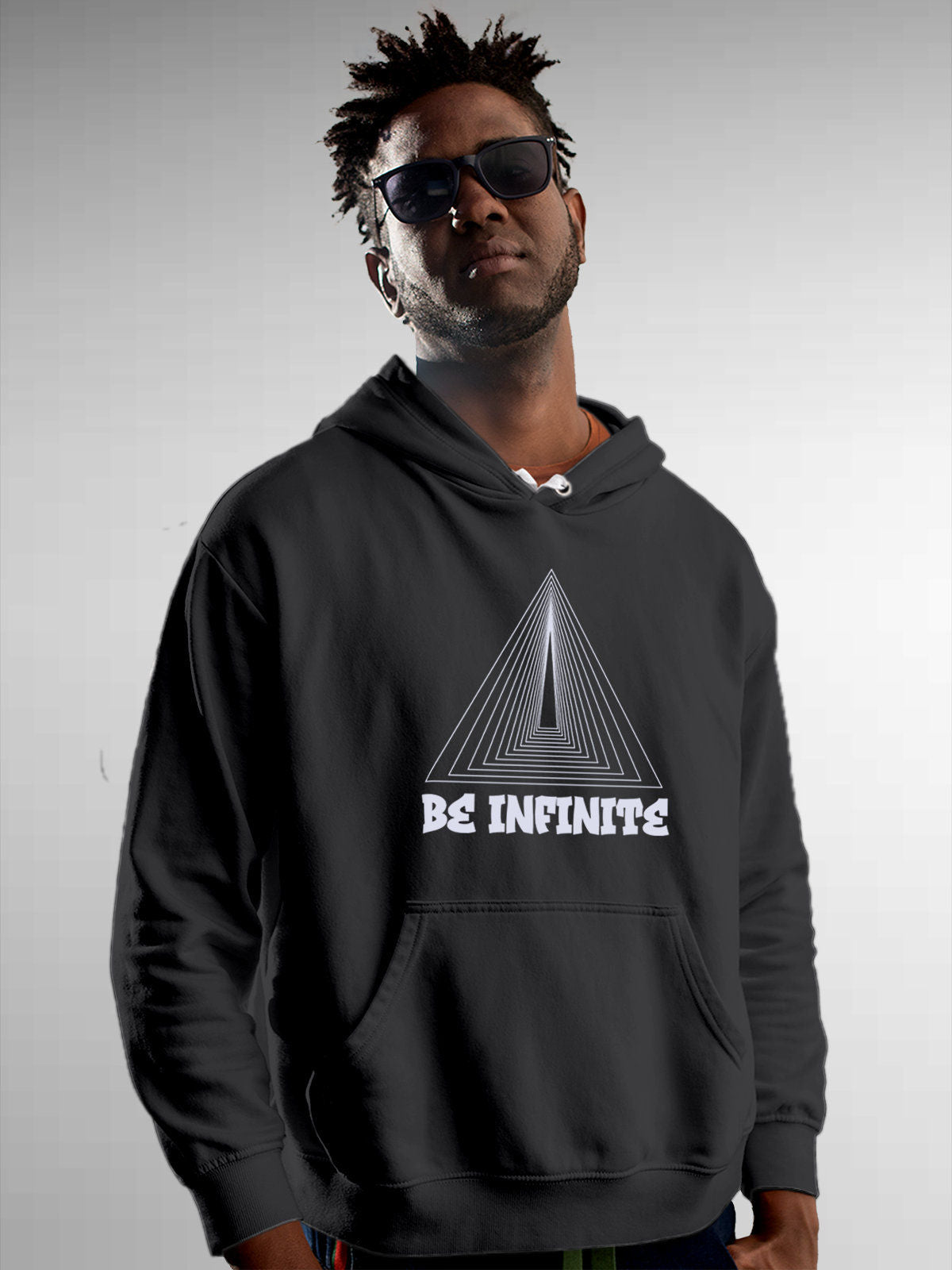 Model wearing Men's Dark Grey Hoodie Sweatshirt with 'Be Infinite' design, offering effortless style and premium comfort