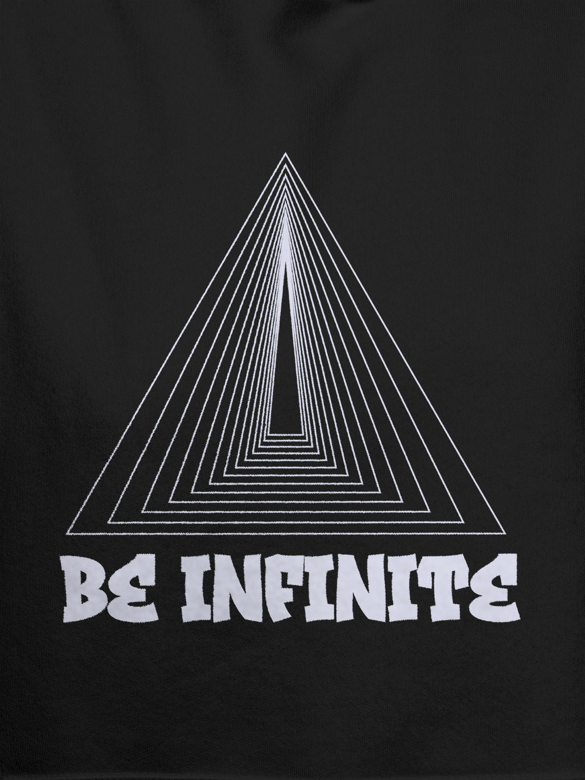 Close up of 'Be Infinite' design on Men's Dark Grey Hoodie Sweatshirt, highlighting intricate details and vibrant print.