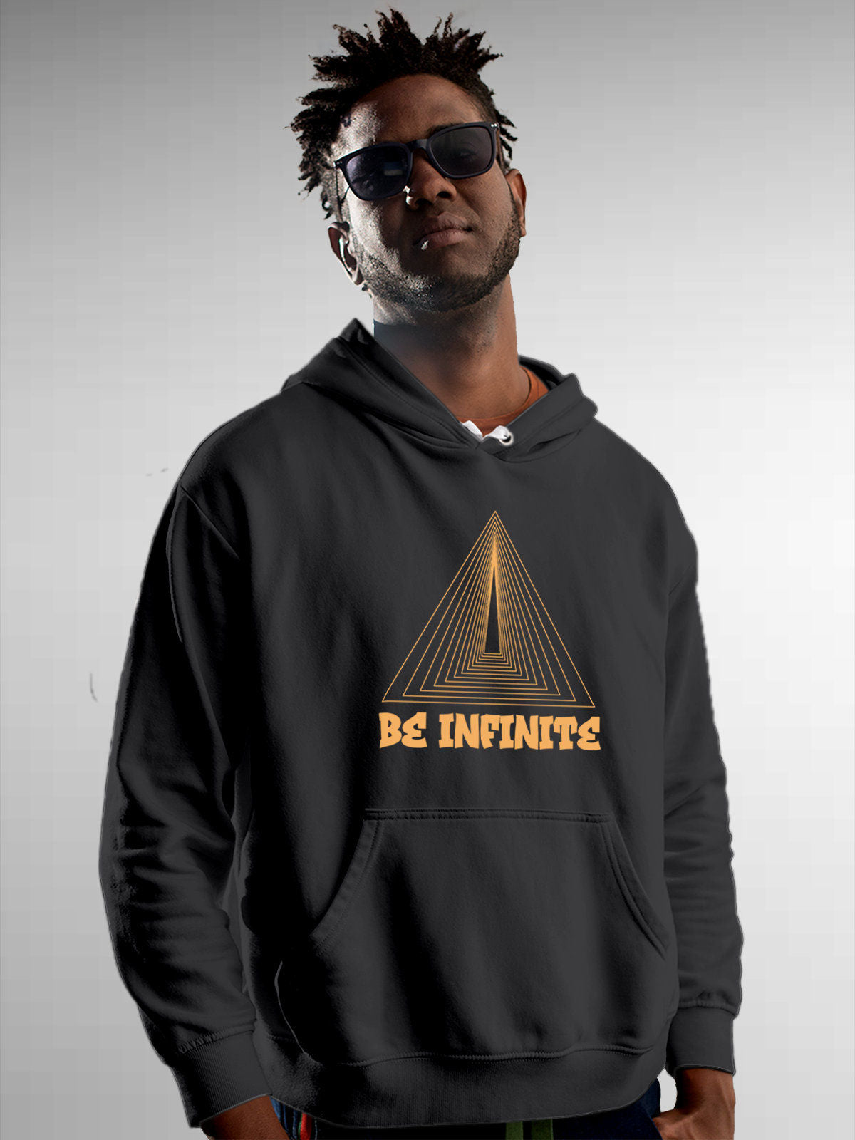 Model wearing Men's Dark Grey Hoodie Sweatshirt with 'Be Infinite' design, offering effortless style and premium comfort