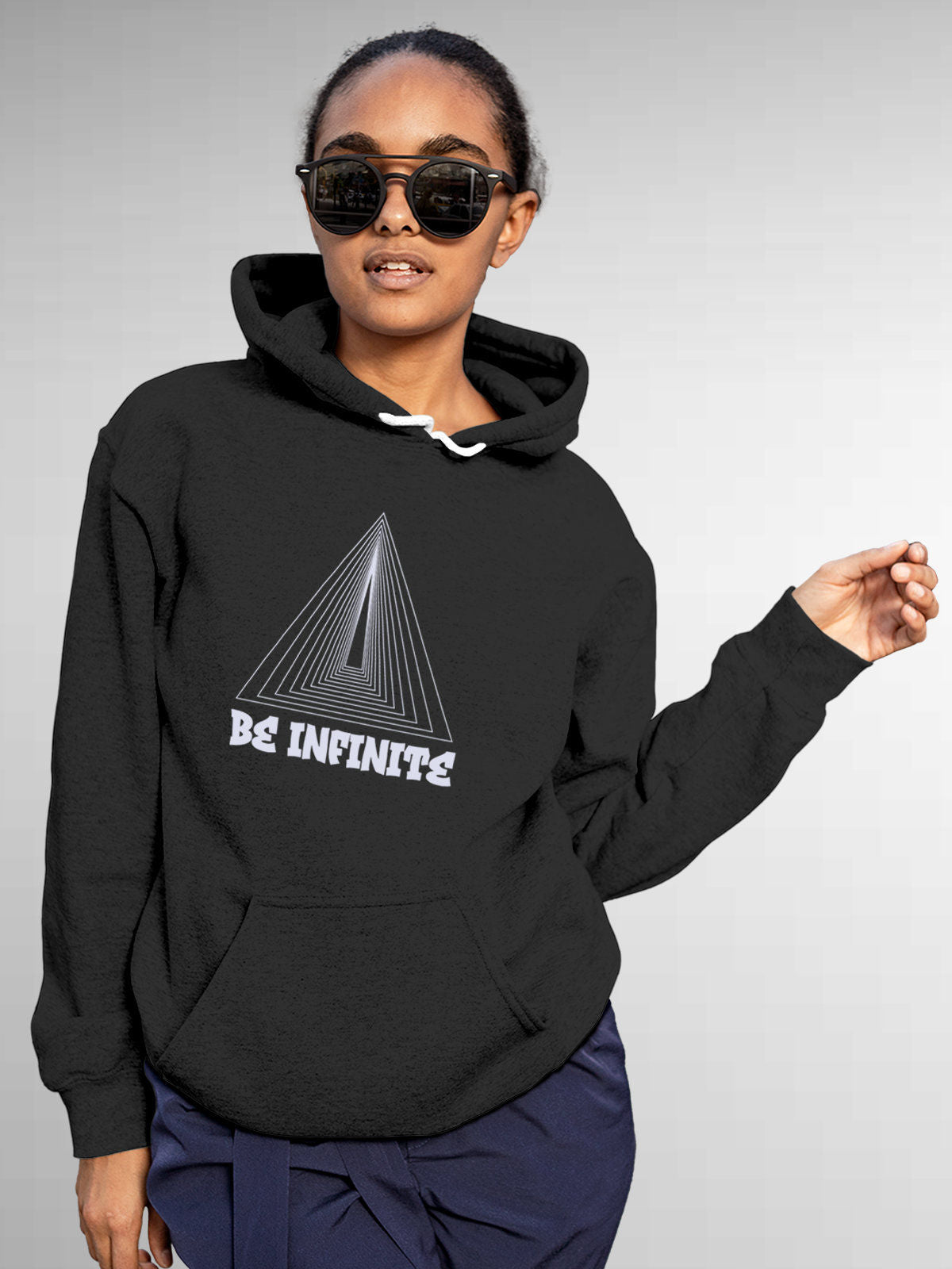 Model wearing Women's Dark Grey Hoodie Sweatshirt with 'Be Infinite' design, offering effortless style and premium comfort