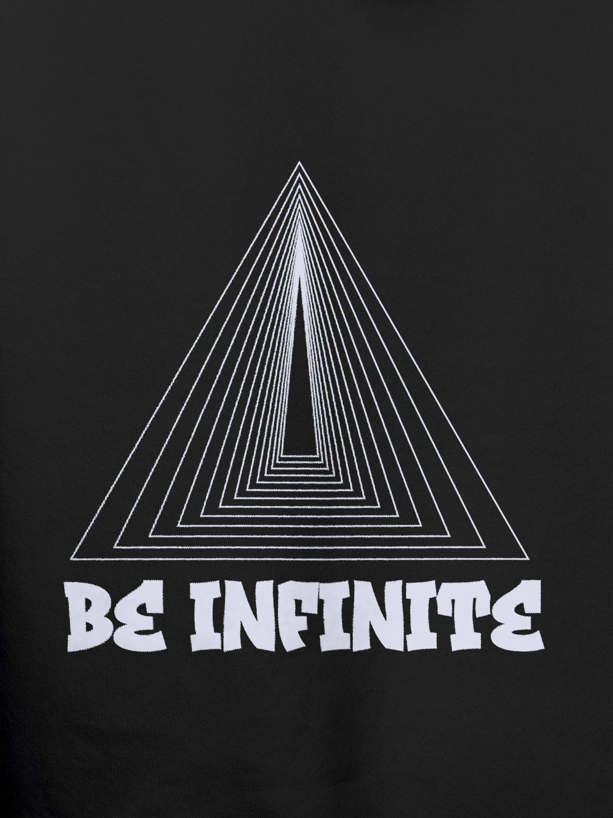 Close up of 'Be Infinite' design on Women's Dark Grey Hoodie Sweatshirt, highlighting intricate details and vibrant print.