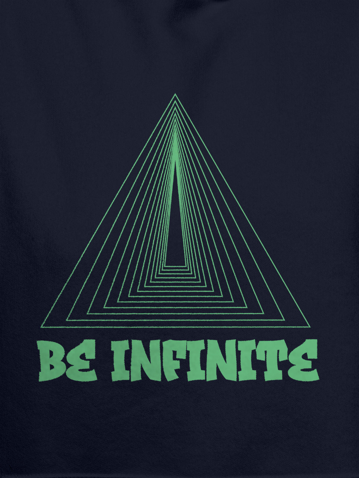 Close up of 'Be Infinite' design on Men's Navy Blue Hoodie Sweatshirt, highlighting intricate details and vibrant print.