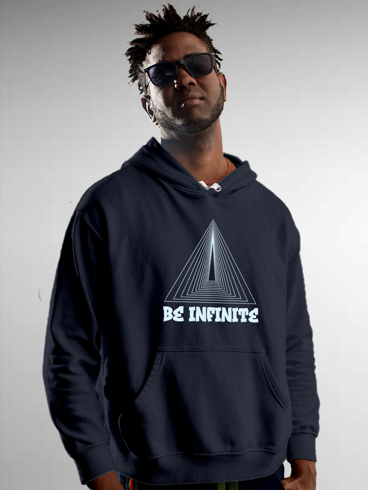Model wearing Men's Navy Blue Hoodie Sweatshirt with 'Be Infinite' design, offering effortless style and premium comfort