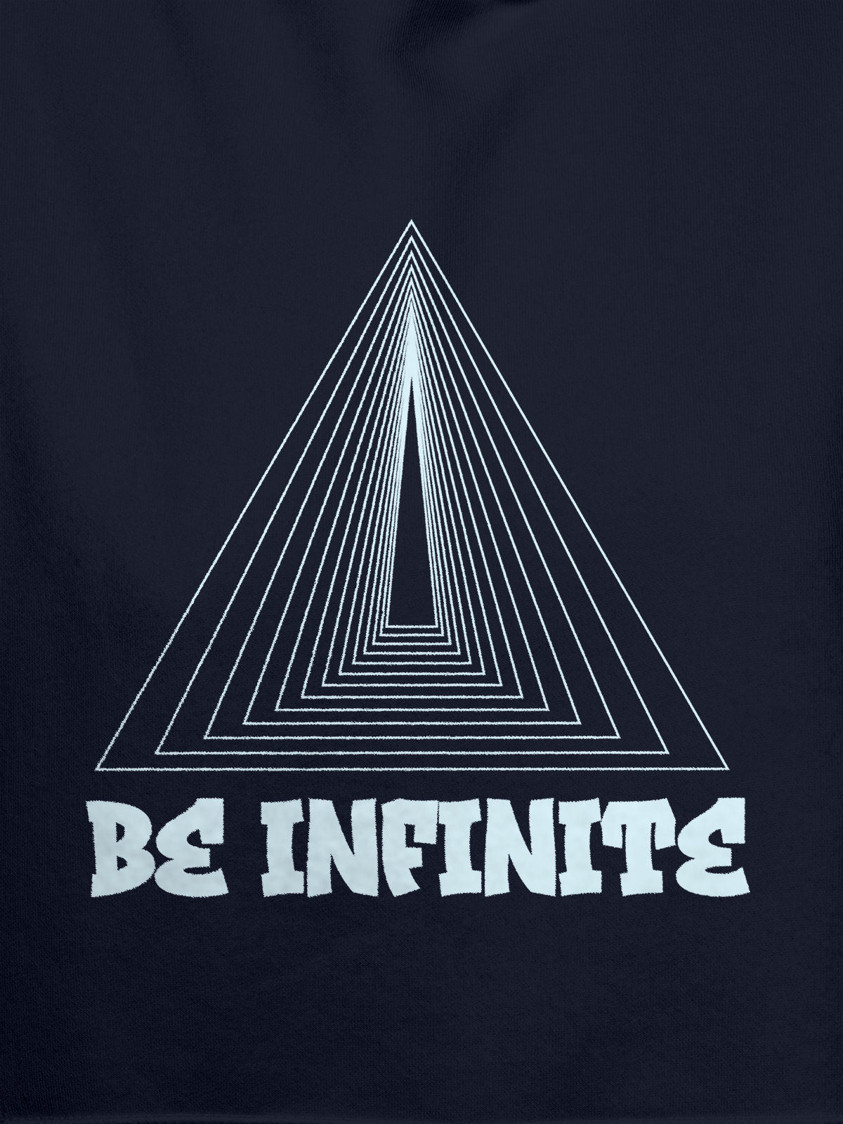Close up of 'Be Infinite' design on Men's Navy Blue Hoodie Sweatshirt, highlighting intricate details and vibrant print.