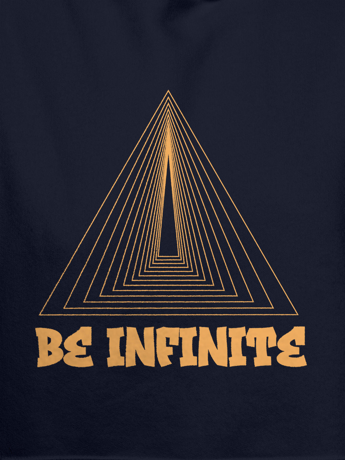 Close up of 'Be Infinite' design on Men's Navy Blue Hoodie Sweatshirt, highlighting intricate details and vibrant print.