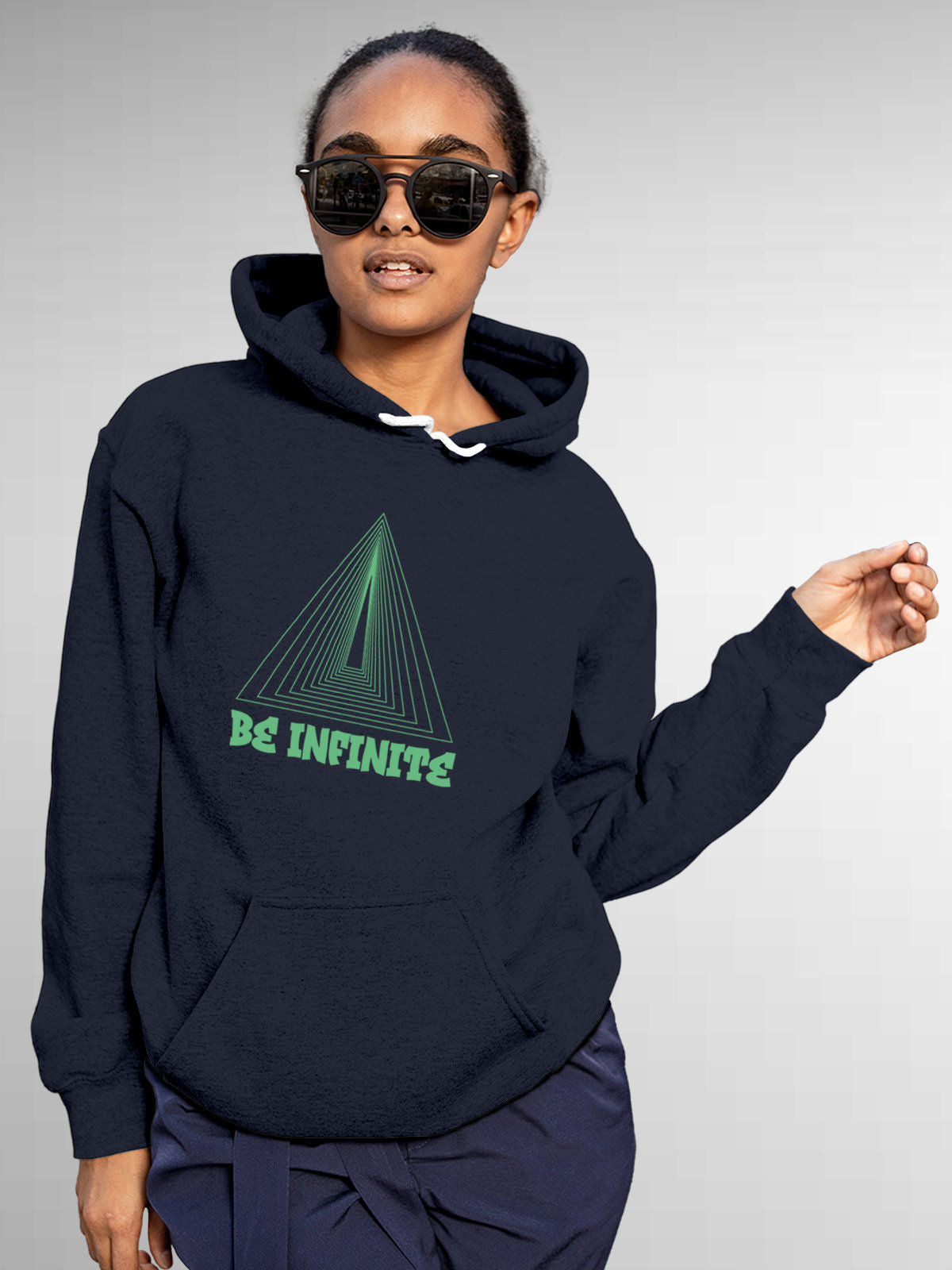 Model wearing Women's Navy Blue Hoodie Sweatshirt with 'Be Infinite' design, offering effortless style and premium comfort